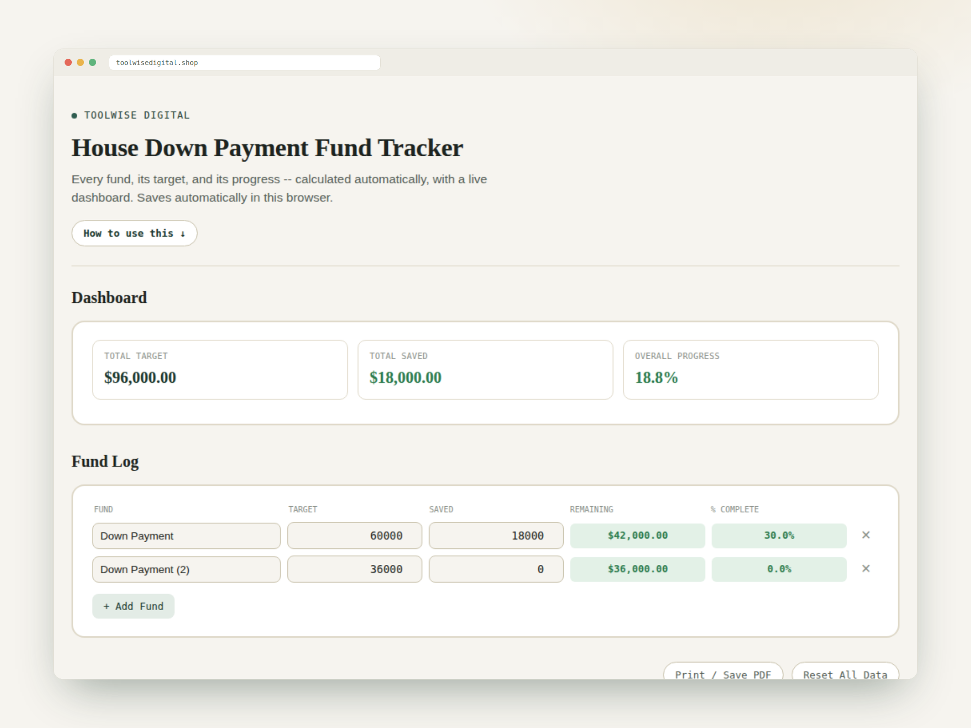House Down Payment Fund Tracker — Google Sheets & Excel spreadsheet by ToolWise Digital — view 2