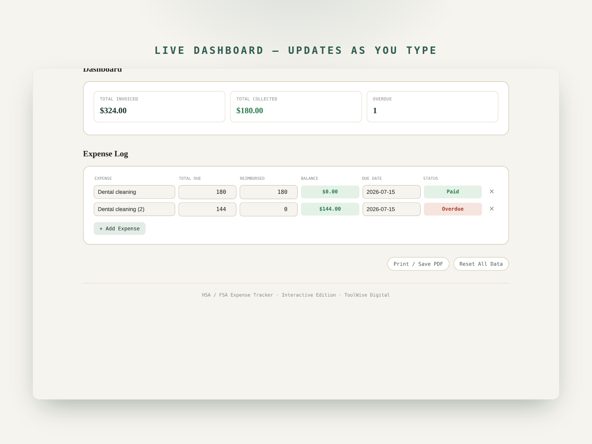 HSA FSA Expense Tracker — Google Sheets & Excel spreadsheet by ToolWise Digital — view 7