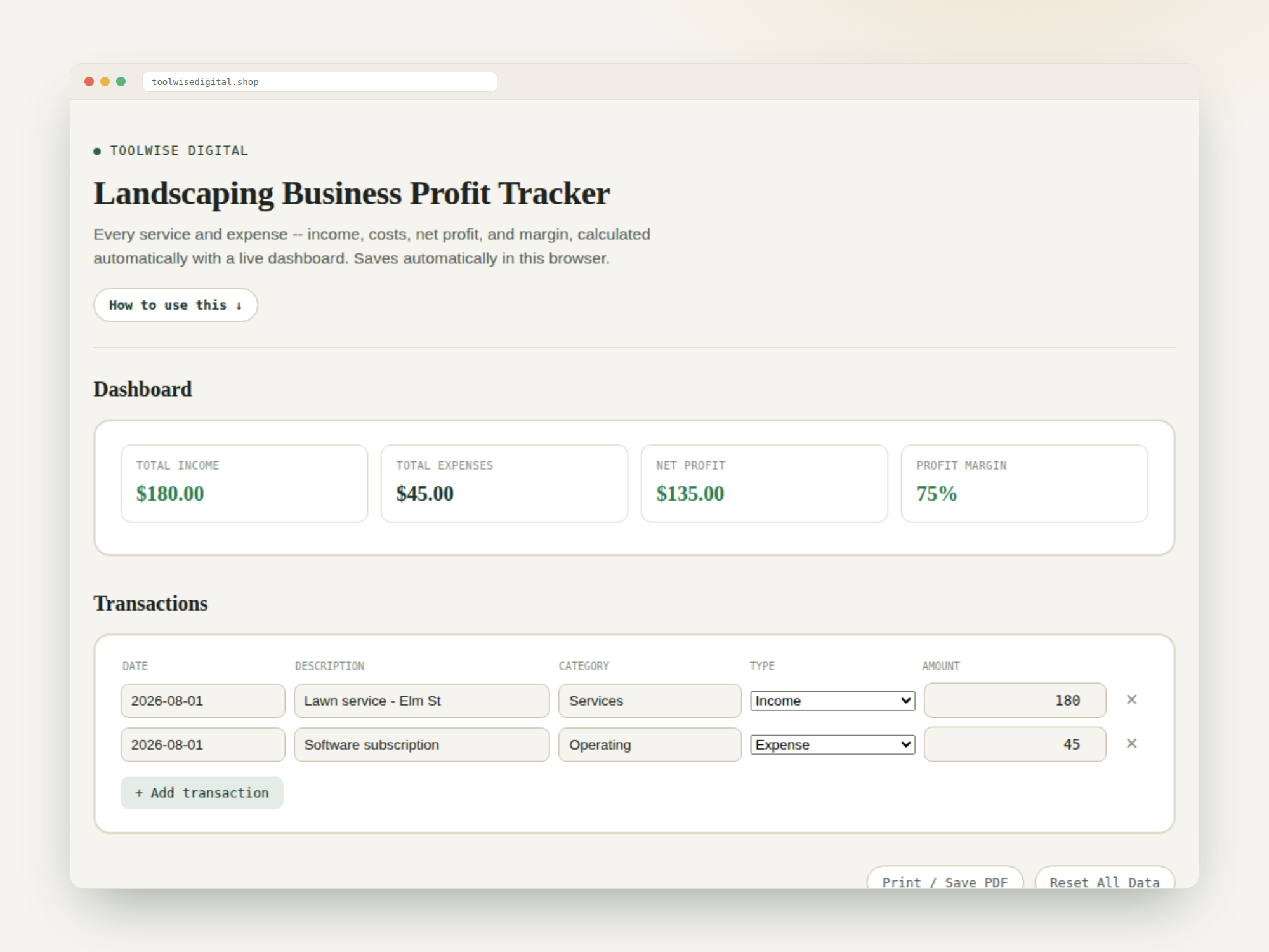Landscaping Business Profit & Loss Tracker — Google Sheets & Excel spreadsheet by ToolWise Digital — view 2