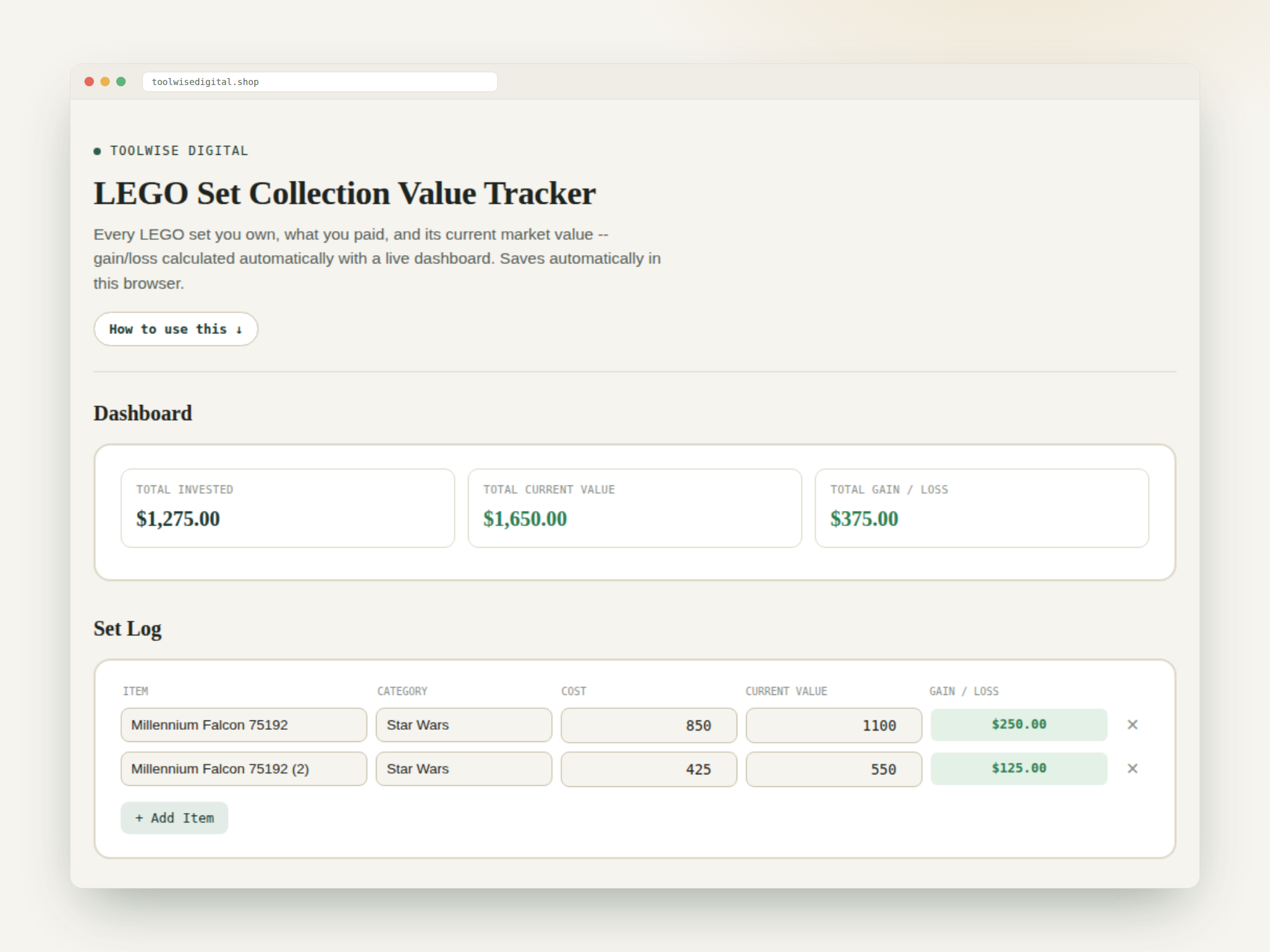 LEGO Collection Value Tracker — Google Sheets & Excel spreadsheet by ToolWise Digital — view 2