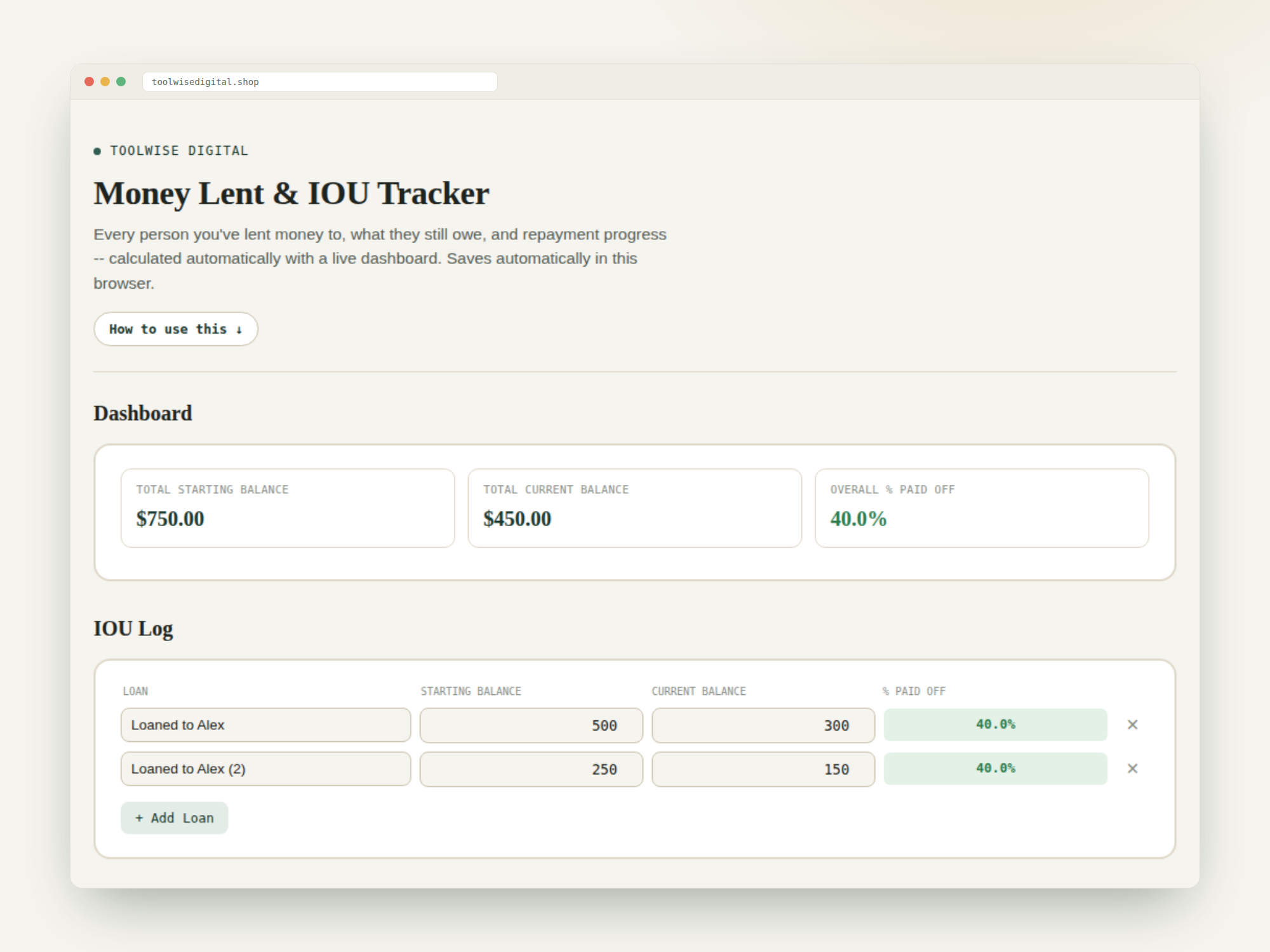 Money Lent & IOU Tracker — Google Sheets & Excel spreadsheet by ToolWise Digital — view 2