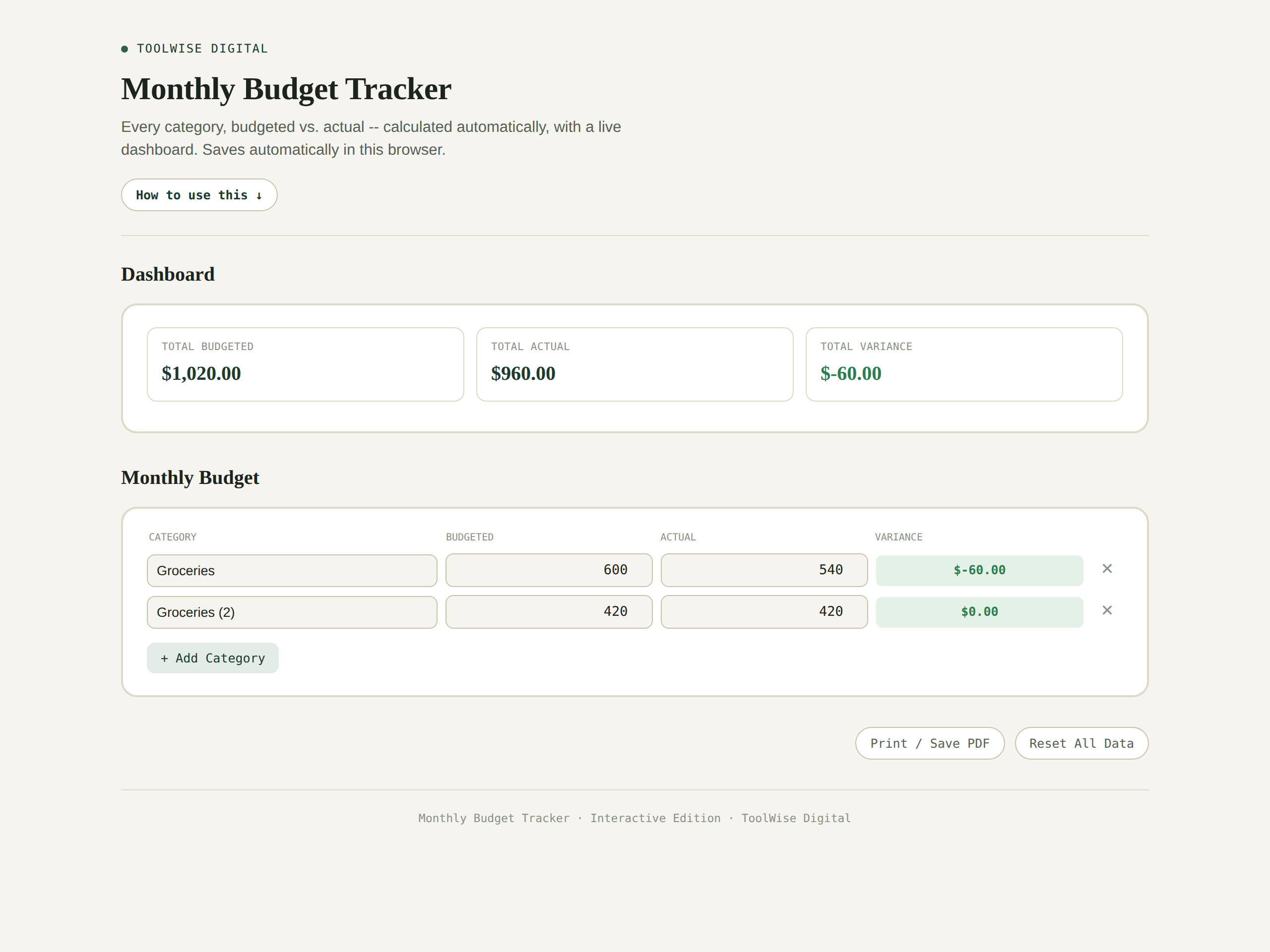 Monthly Budget Tracker — Google Sheets & Excel spreadsheet by ToolWise Digital