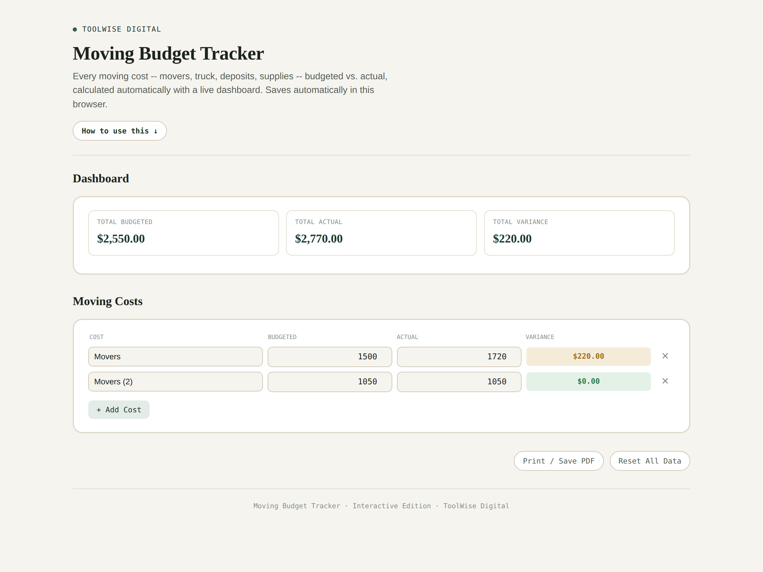 Moving Budget Tracker