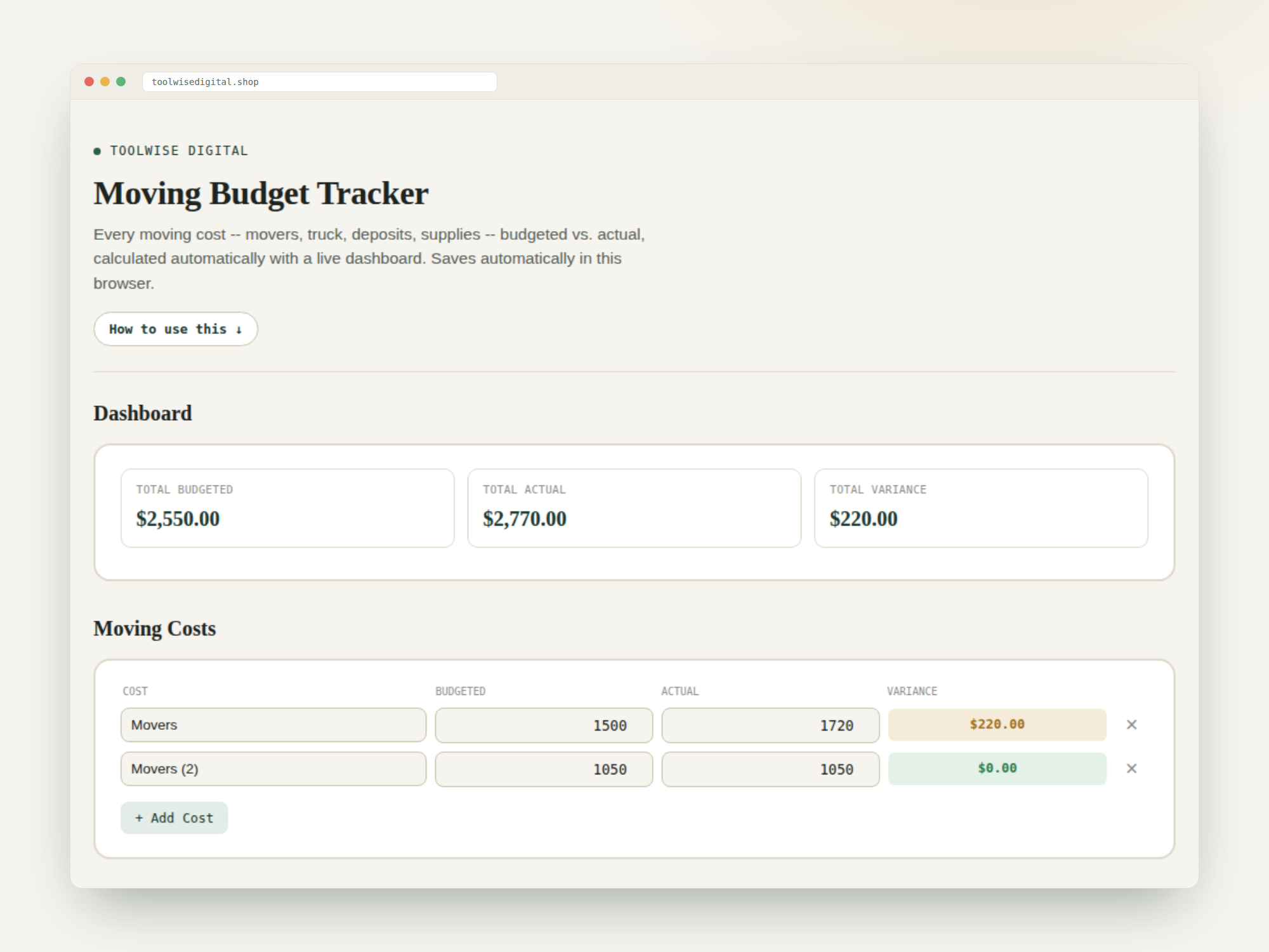 Moving Budget Tracker — Google Sheets & Excel spreadsheet by ToolWise Digital — view 2