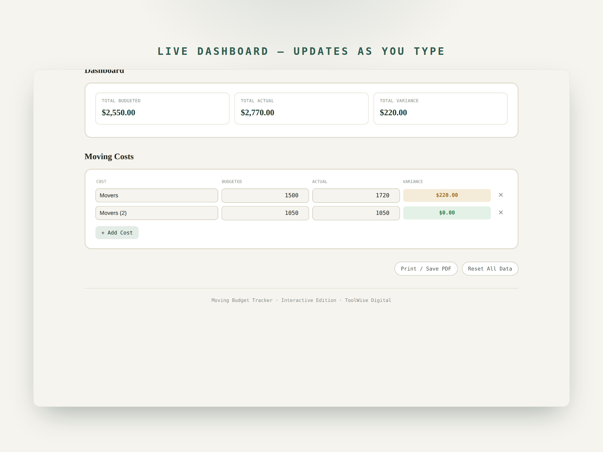Moving Budget Tracker — Google Sheets & Excel spreadsheet by ToolWise Digital — view 7