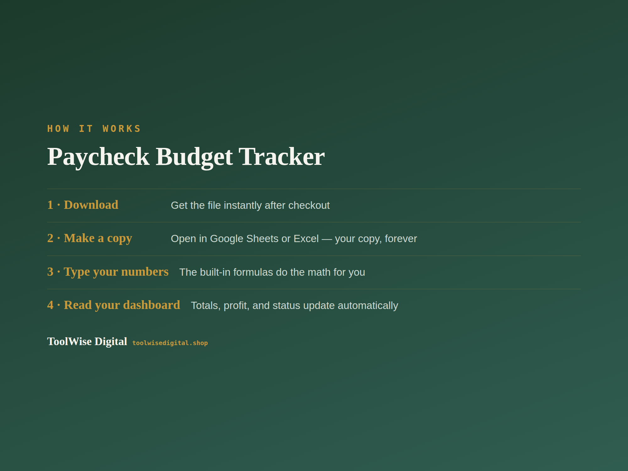 Paycheck Budget Tracker — Google Sheets & Excel spreadsheet by ToolWise Digital — view 5