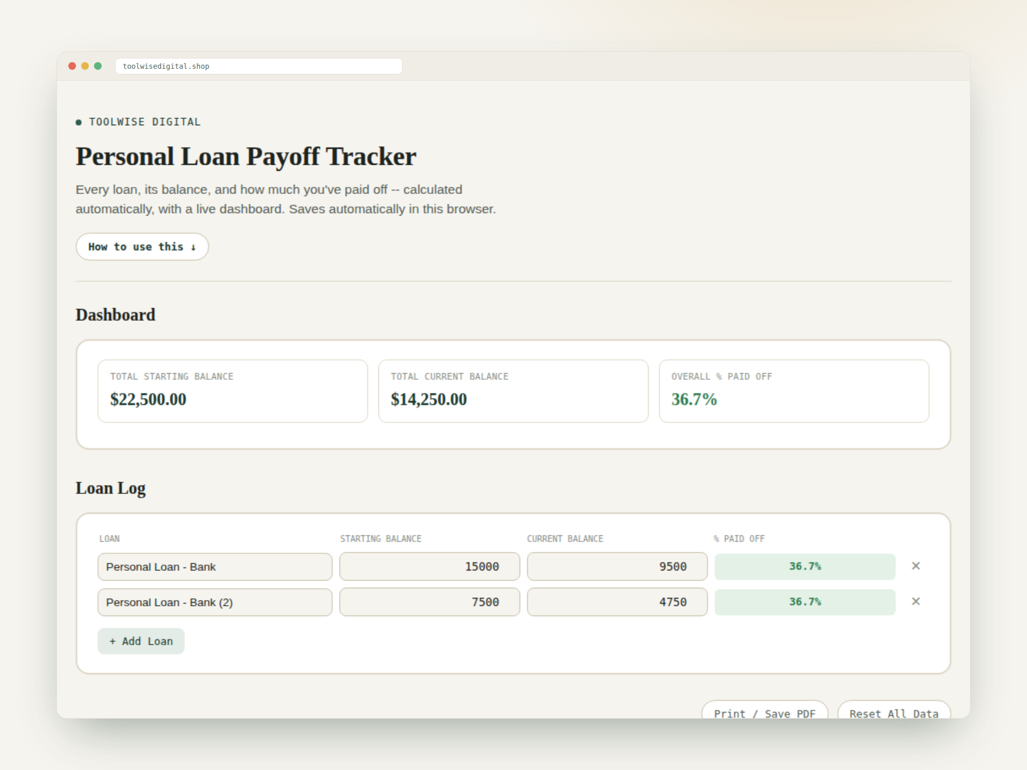 Personal Loan Payoff Tracker — Google Sheets & Excel spreadsheet by ToolWise Digital — view 2