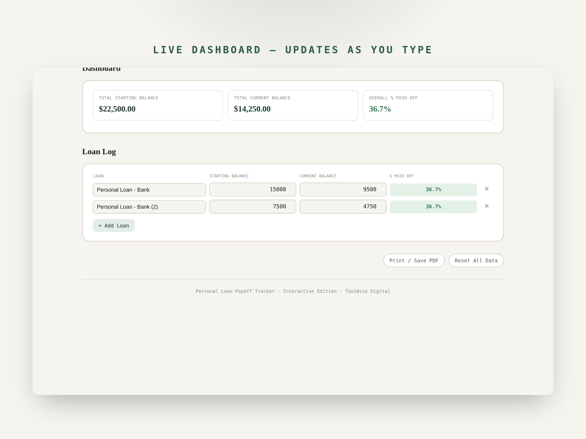 Personal Loan Payoff Tracker — Google Sheets & Excel spreadsheet by ToolWise Digital — view 7