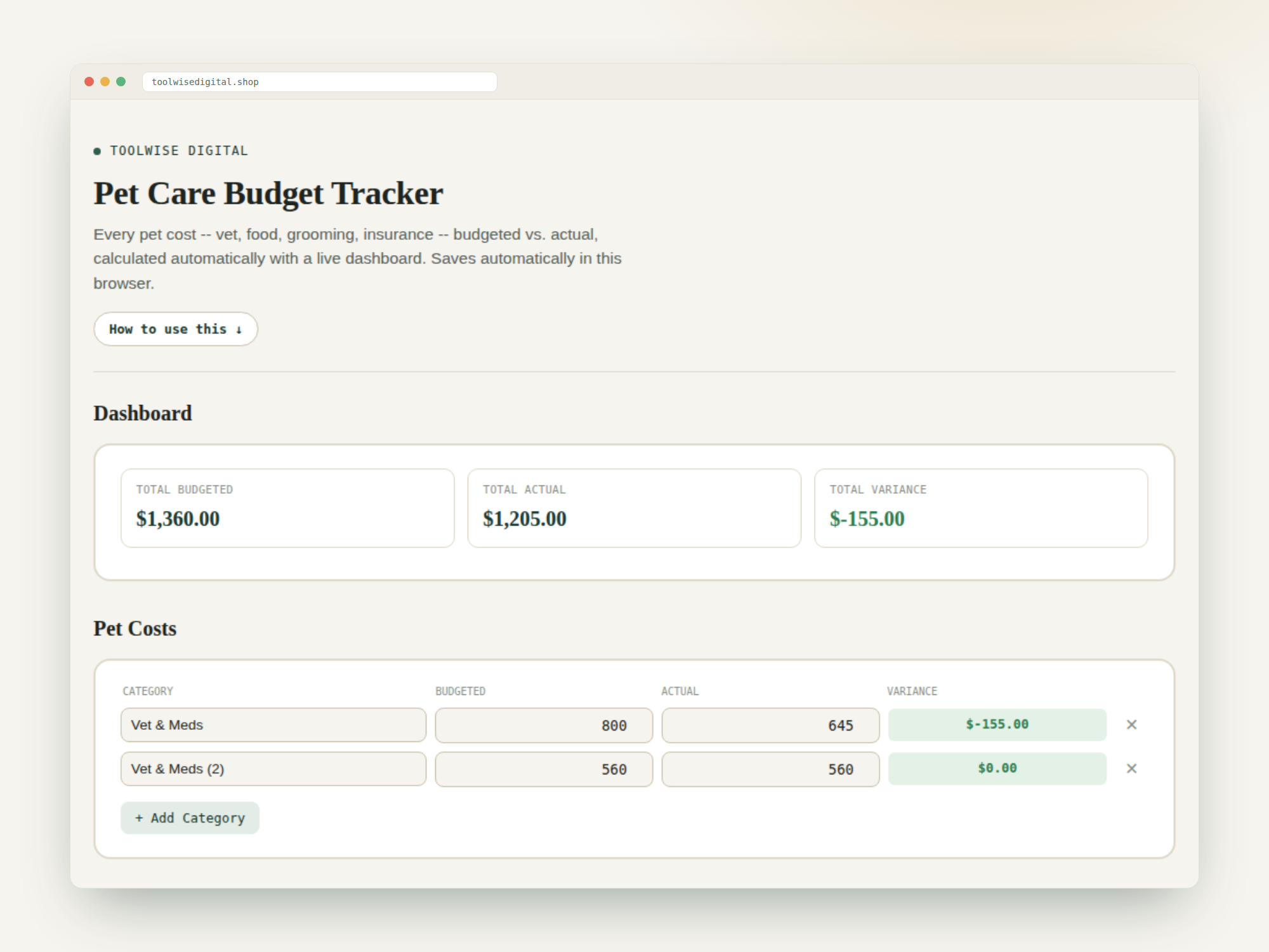 Pet Care Budget Tracker — Google Sheets & Excel spreadsheet by ToolWise Digital — view 2