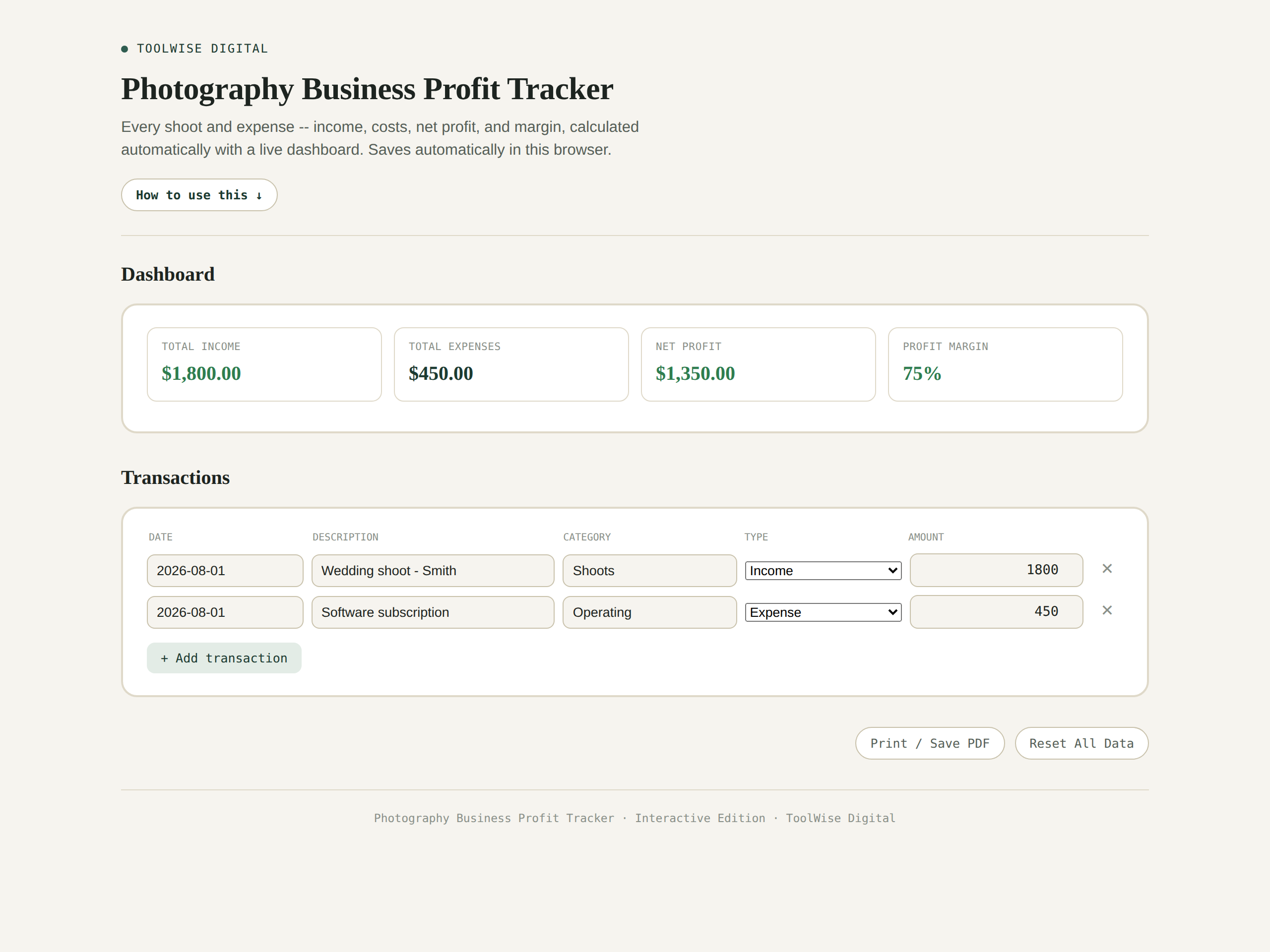 Photography Business Profit & Loss Tracker