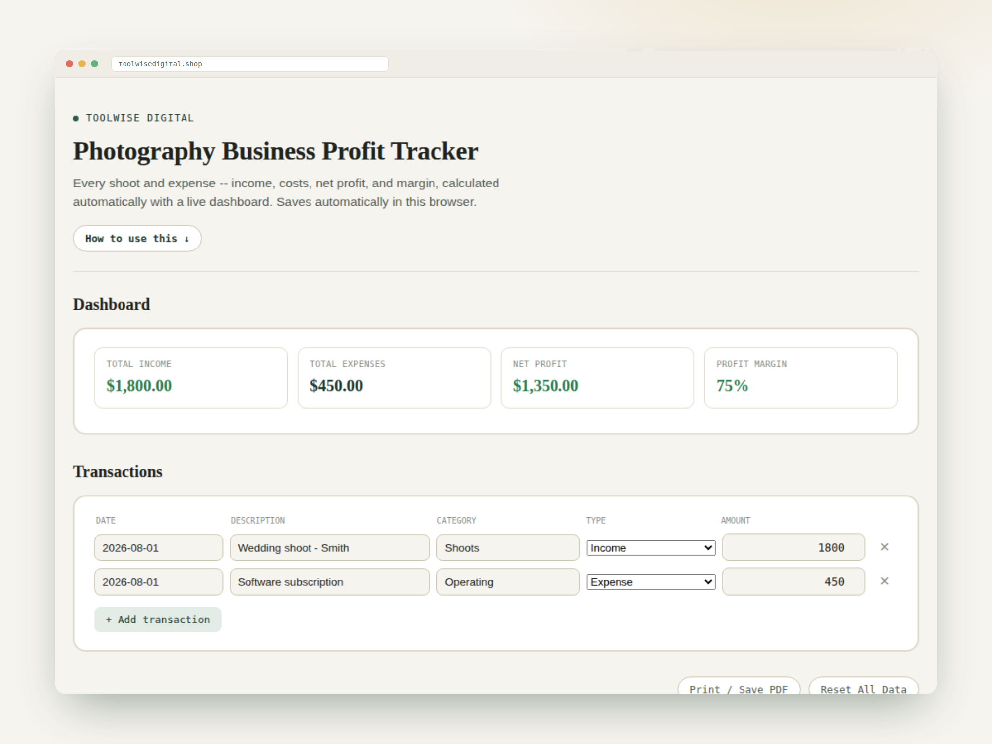 Photography Business Profit & Loss Tracker — Google Sheets & Excel spreadsheet by ToolWise Digital — view 2