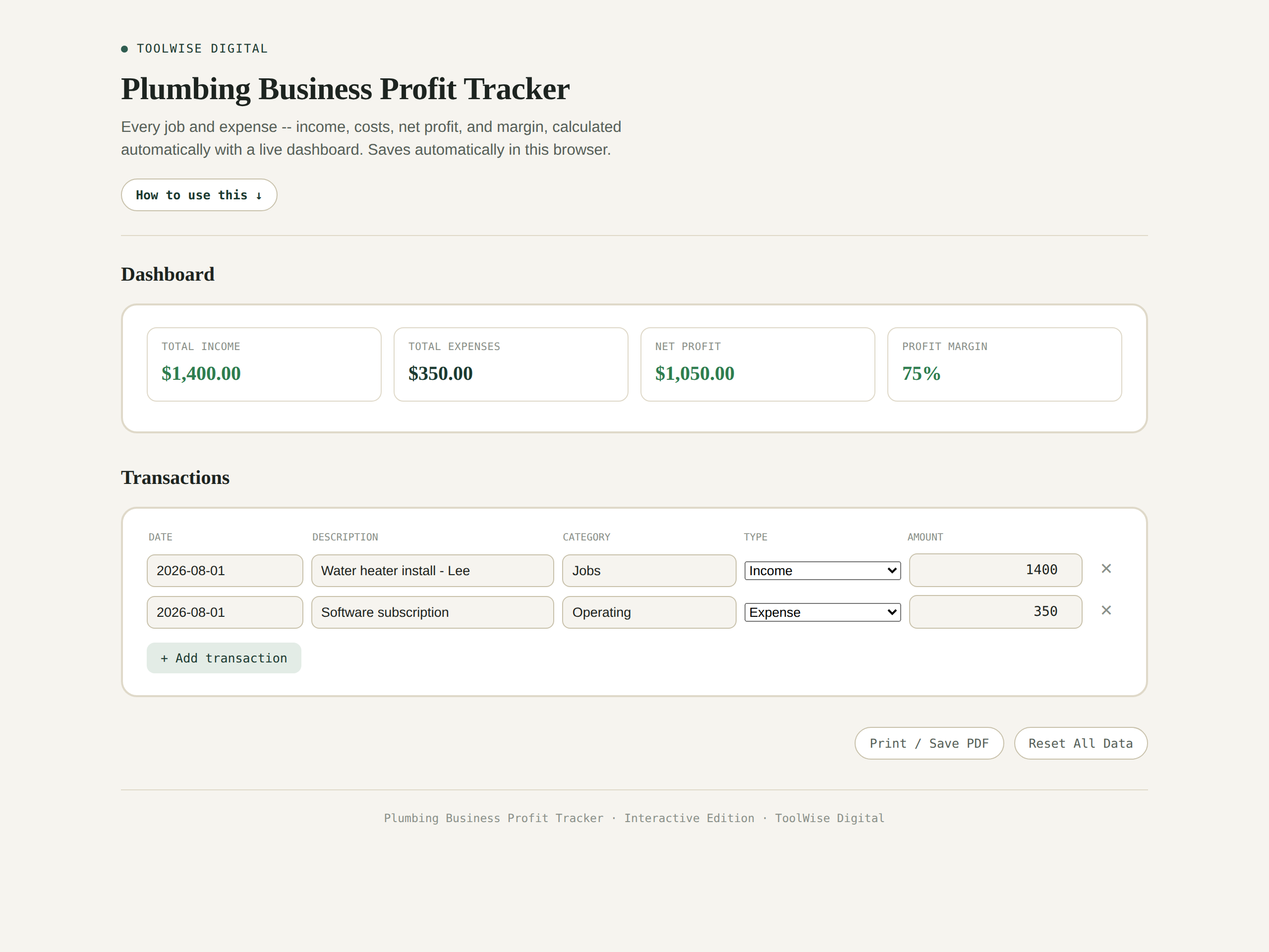 Plumbing Business Profit & Loss Tracker