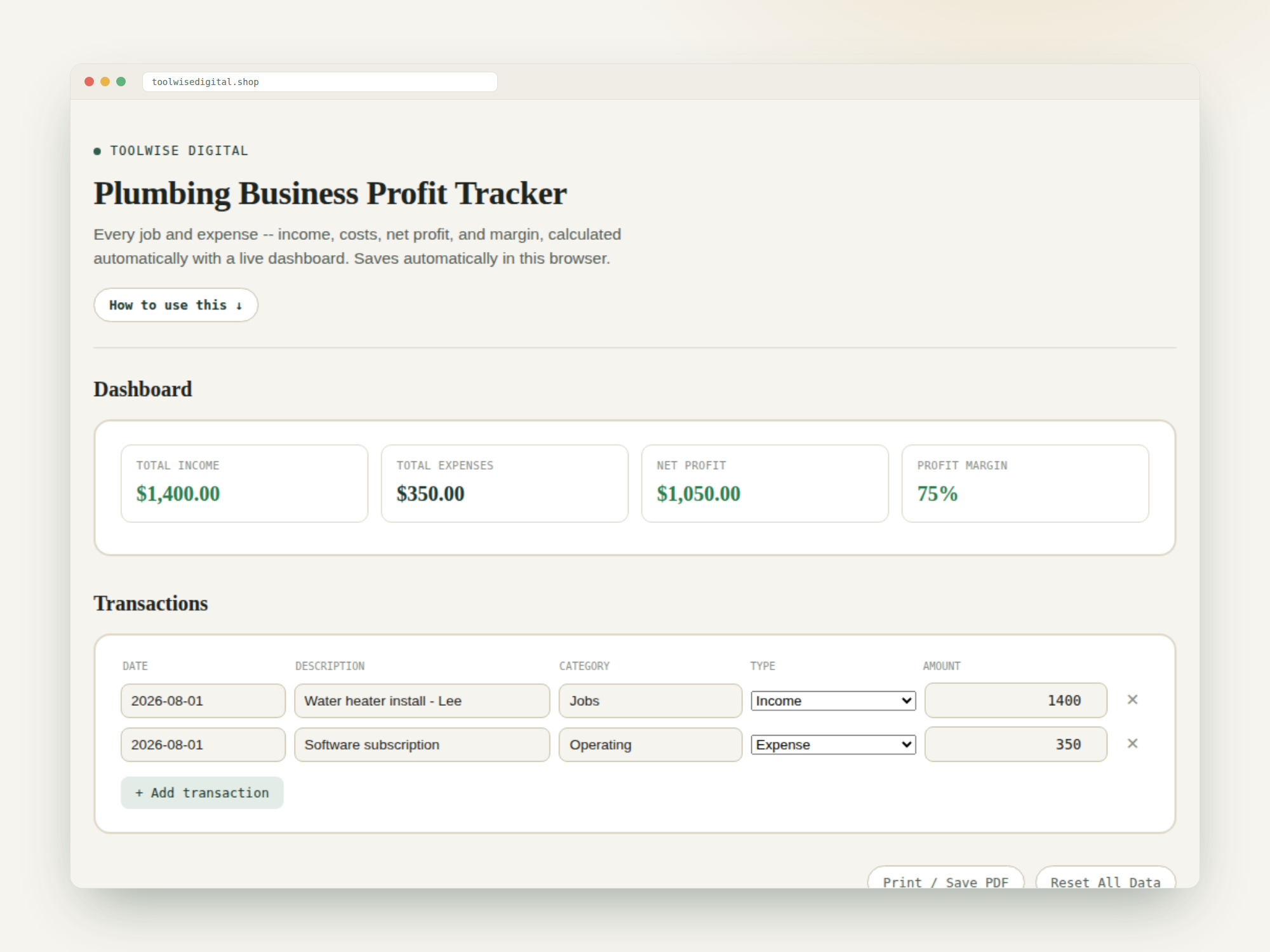 Plumbing Business Profit & Loss Tracker — Google Sheets & Excel spreadsheet by ToolWise Digital — view 2