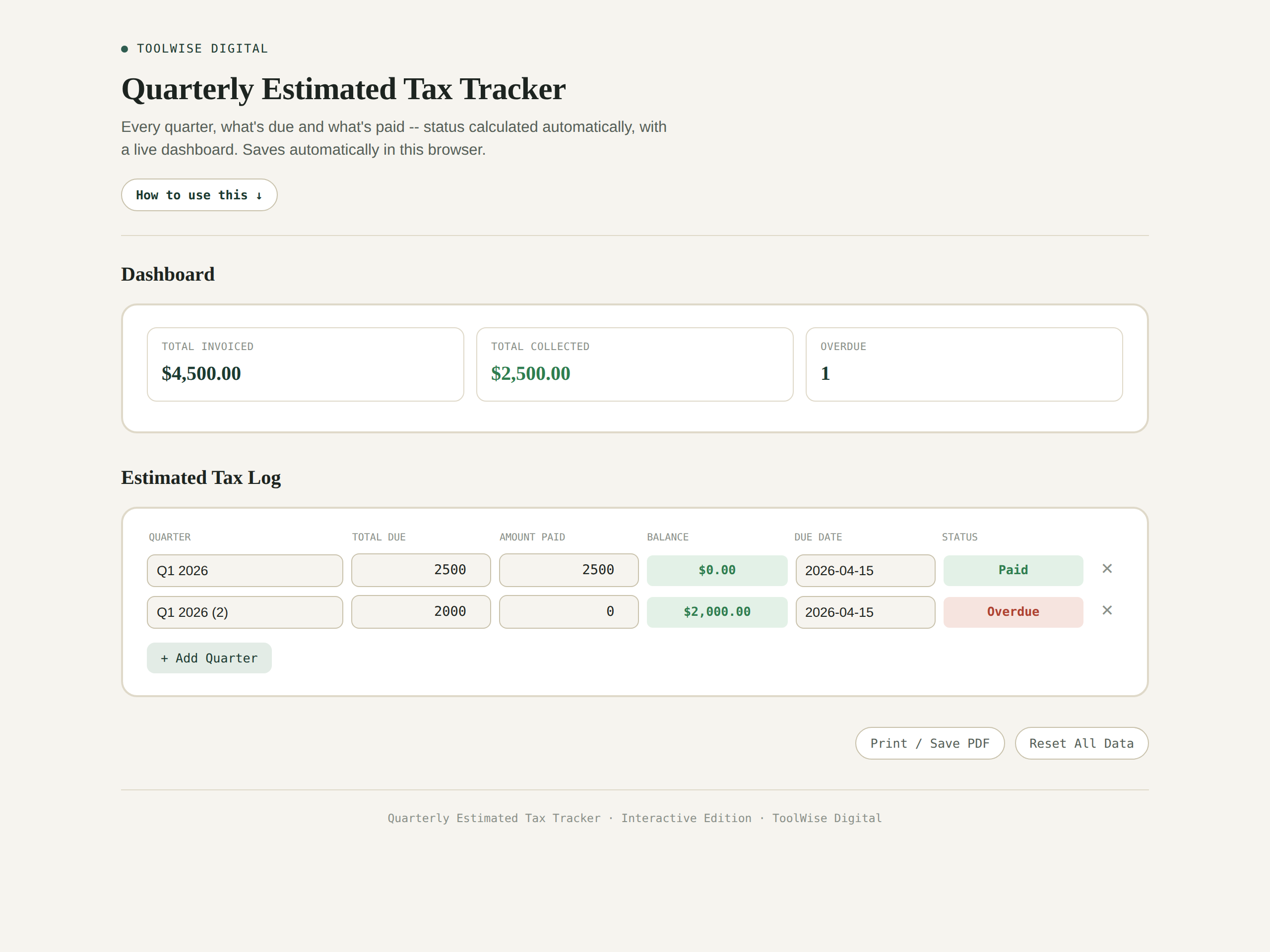Quarterly Estimated Tax Tracker