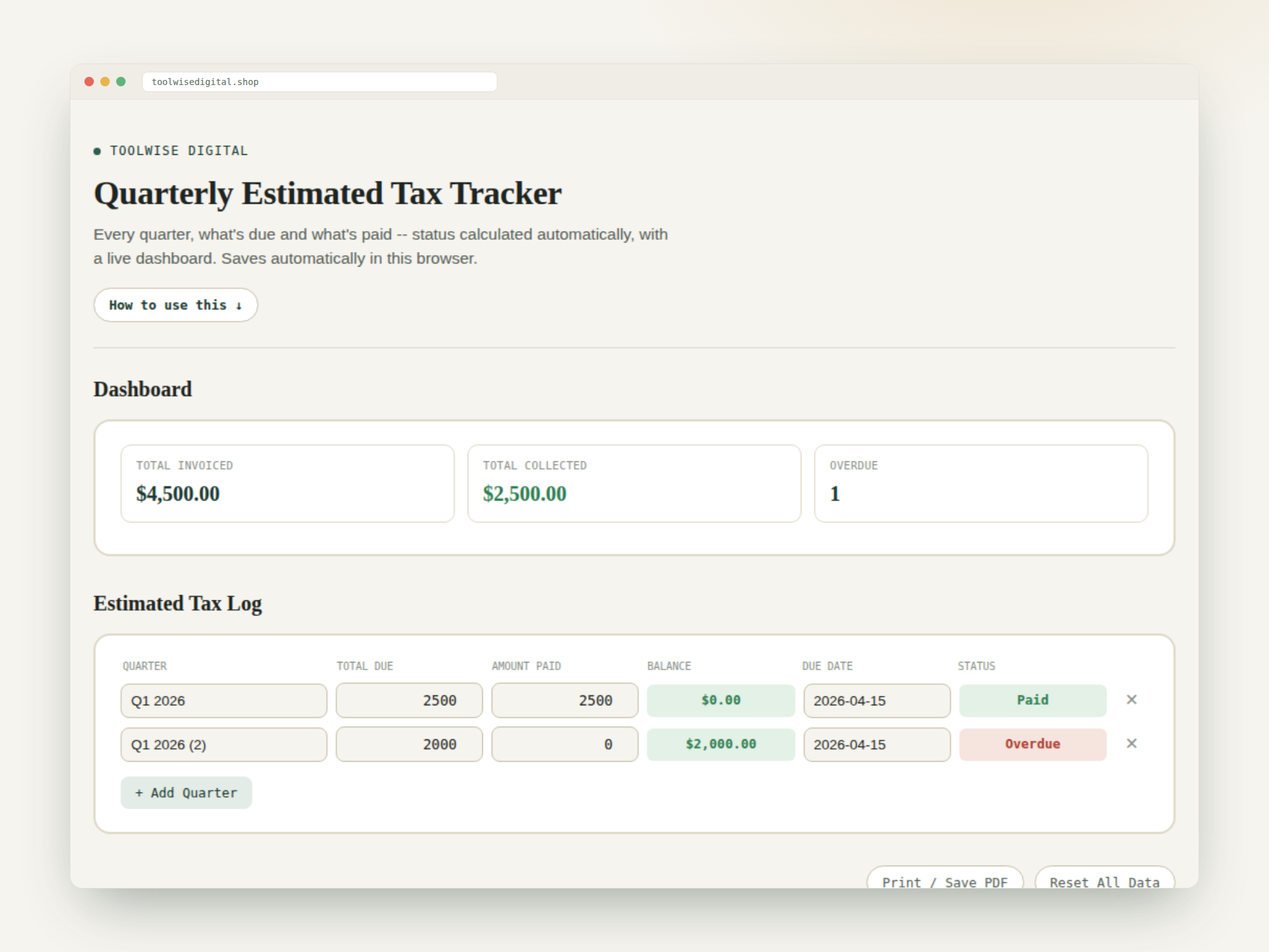 Quarterly Estimated Tax Tracker — Google Sheets & Excel spreadsheet by ToolWise Digital — view 2