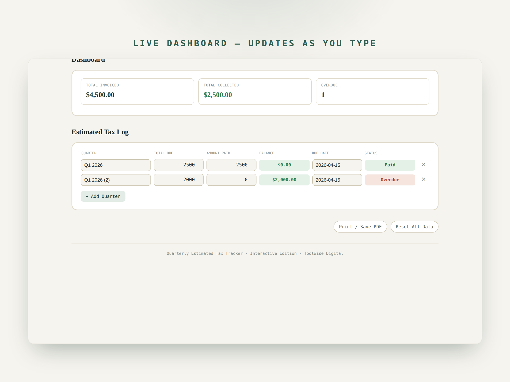 Quarterly Estimated Tax Tracker — Google Sheets & Excel spreadsheet by ToolWise Digital — view 7