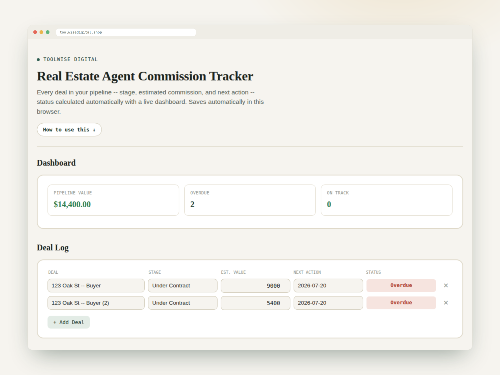 Real Estate Agent Commission Tracker — Google Sheets & Excel spreadsheet by ToolWise Digital — view 2