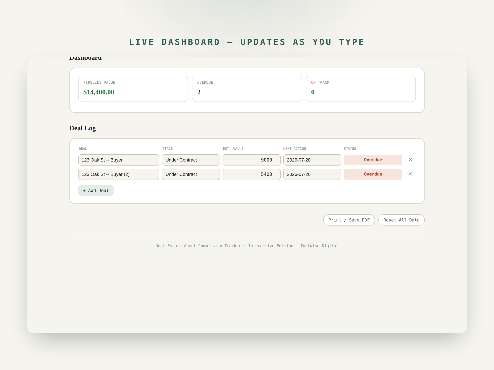 Real Estate Agent Commission Tracker — Google Sheets & Excel spreadsheet by ToolWise Digital — view 7