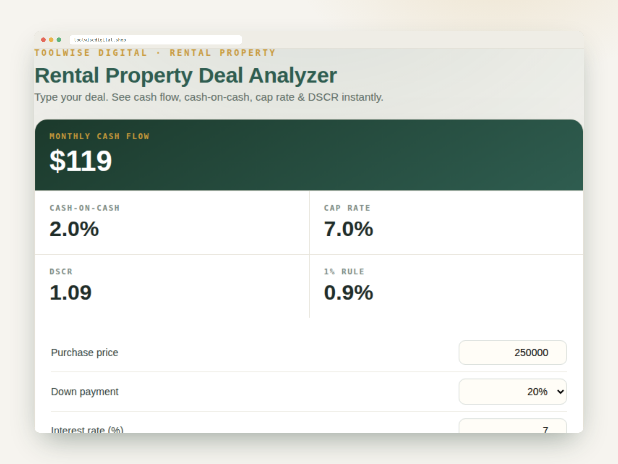 Rental Property Deal Analyzer (Pro) — Google Sheets & Excel spreadsheet by ToolWise Digital — view 2