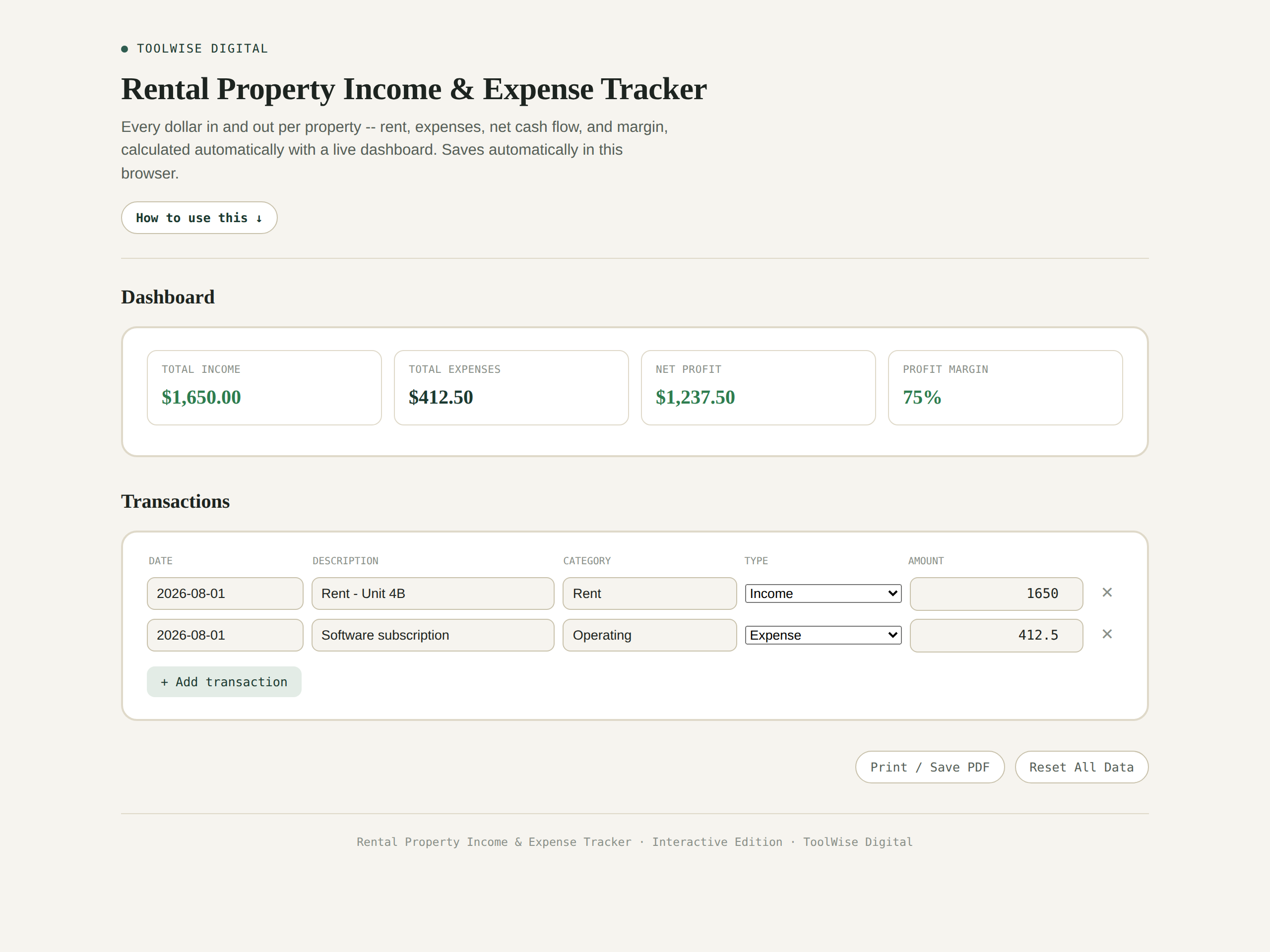 Rental Property Income & Expense Tracker