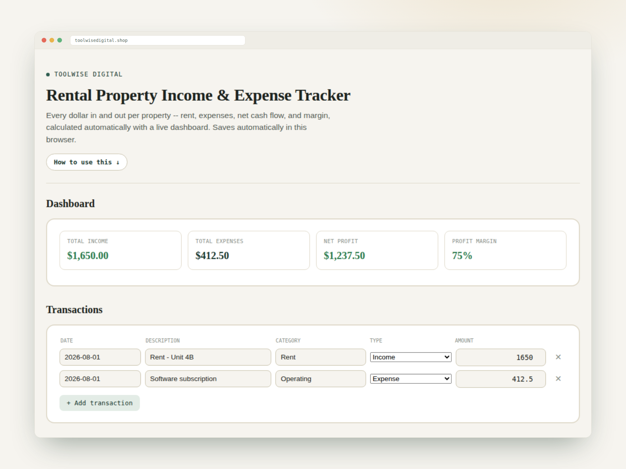 Rental Property Income & Expense Tracker — Google Sheets & Excel spreadsheet by ToolWise Digital — view 2