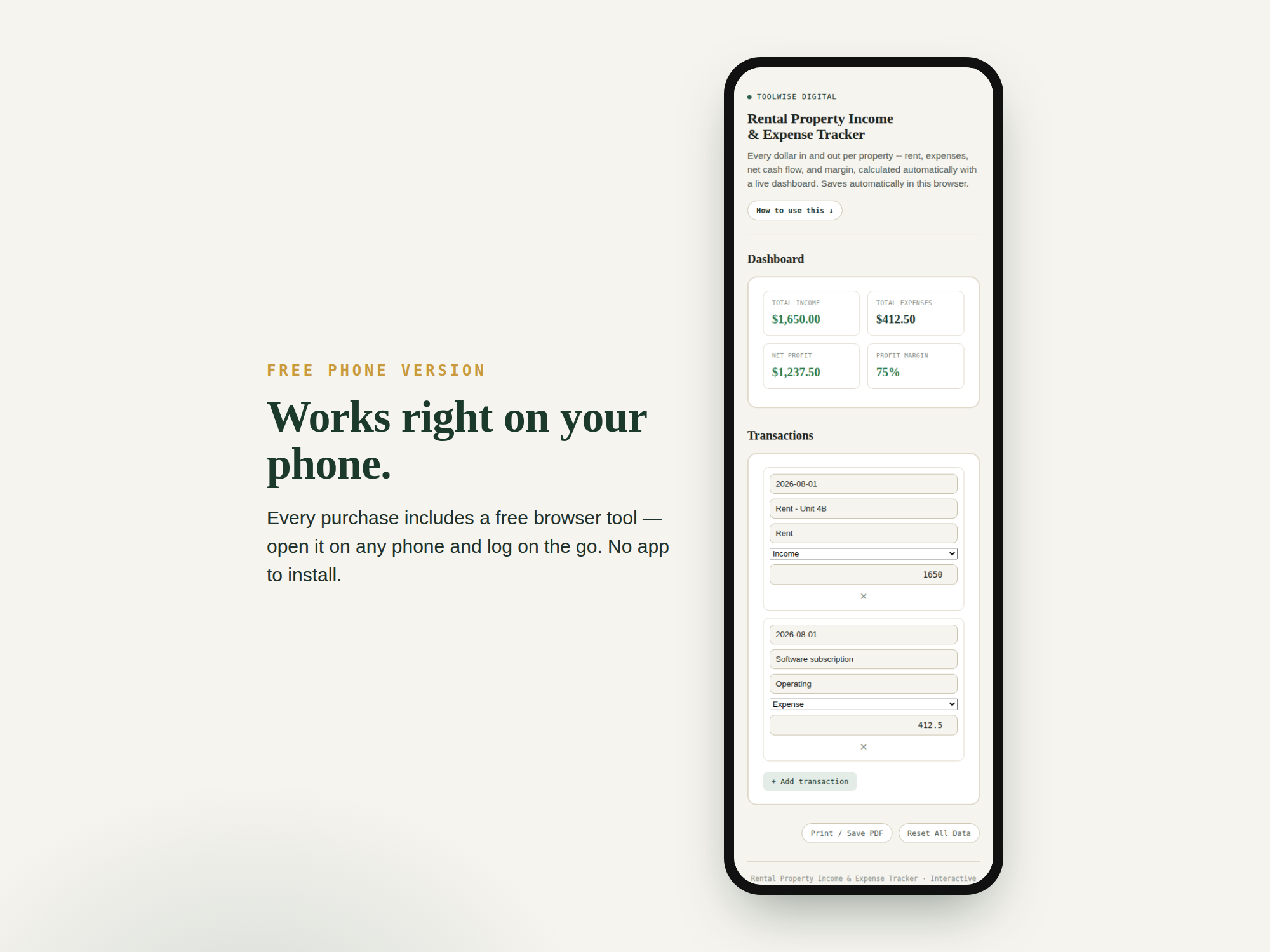 Rental Property Income & Expense Tracker — Google Sheets & Excel spreadsheet by ToolWise Digital — view 3