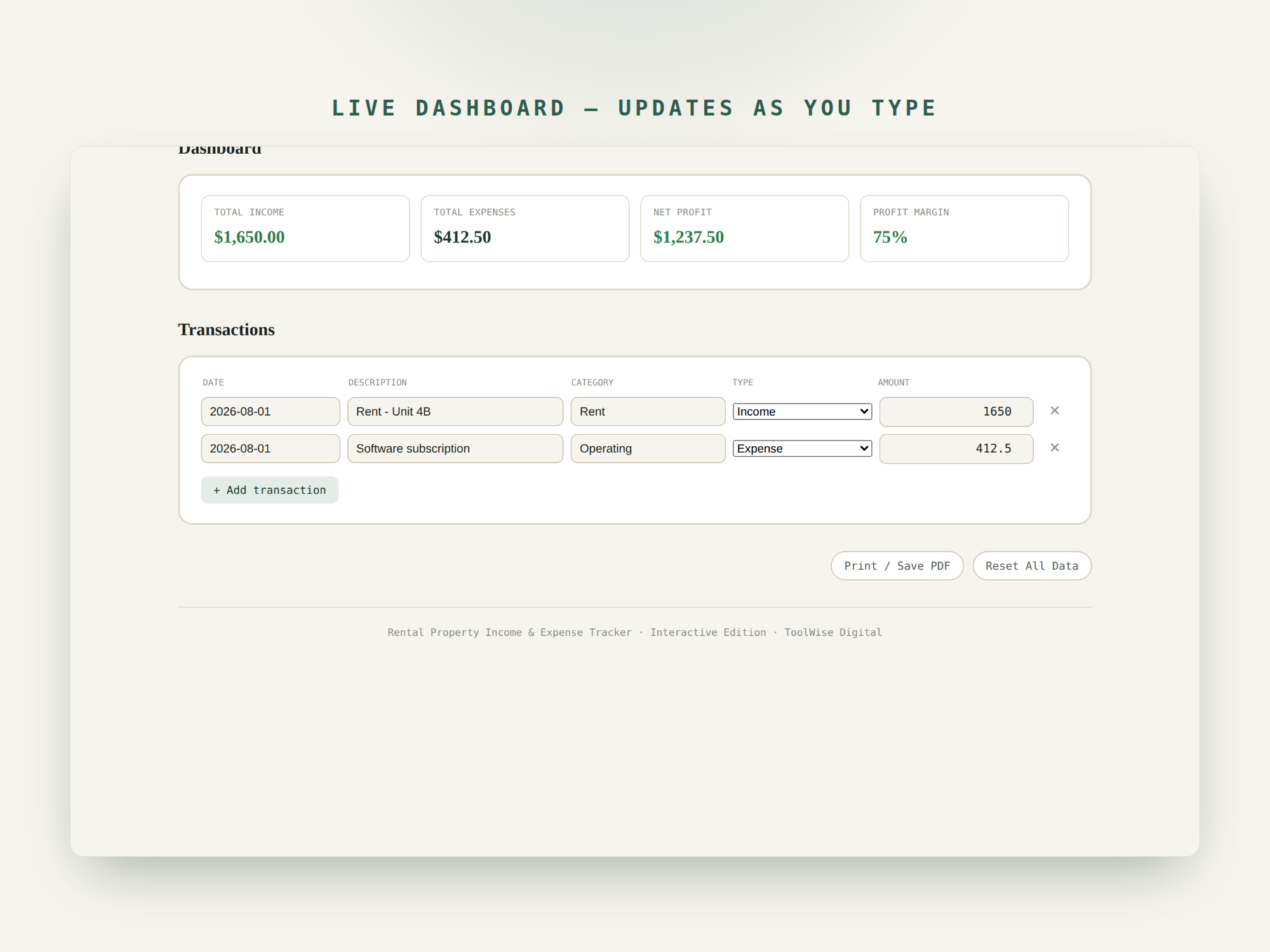 Rental Property Income & Expense Tracker — Google Sheets & Excel spreadsheet by ToolWise Digital — view 7