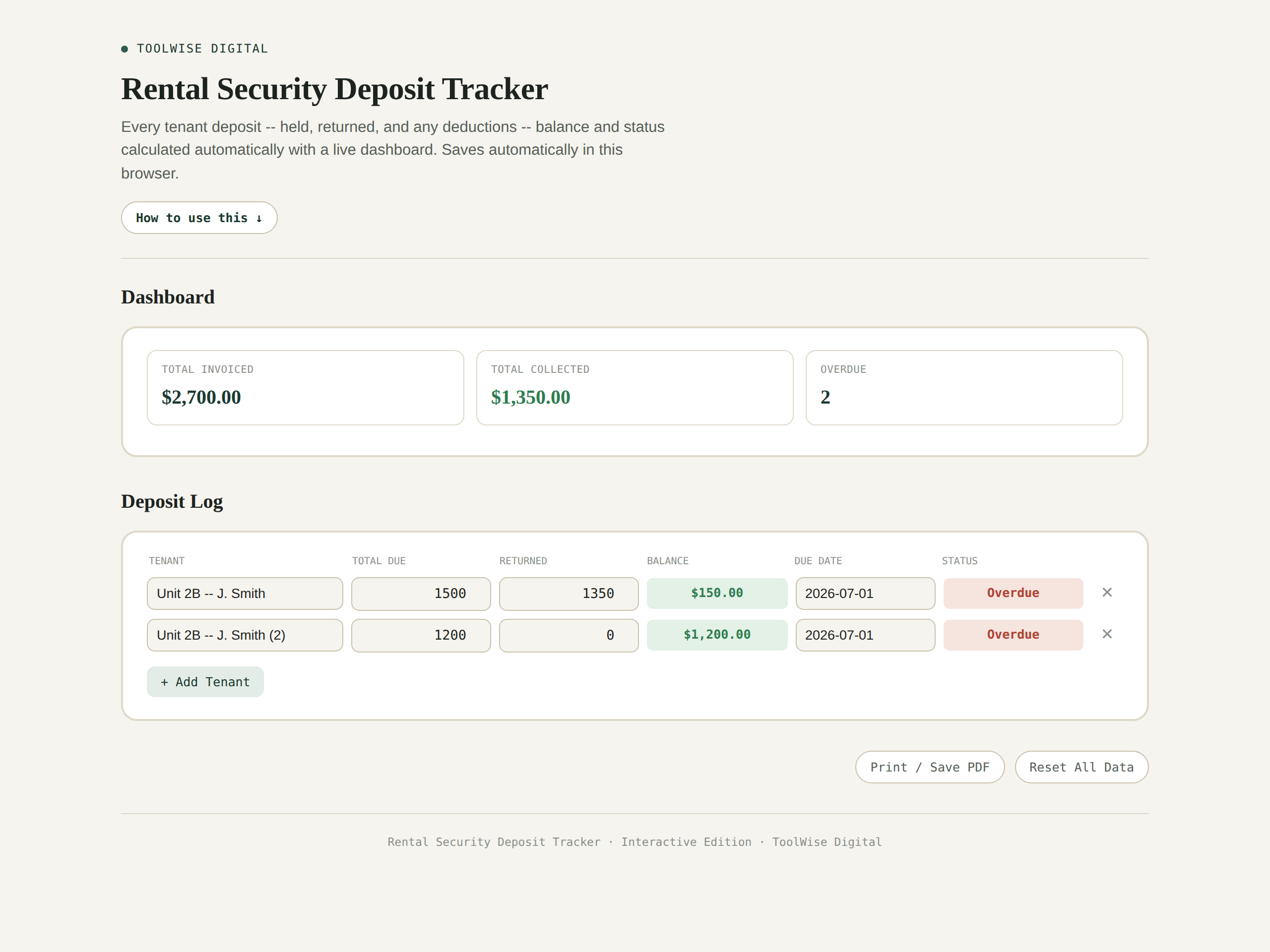 Rental Security Deposit Tracker