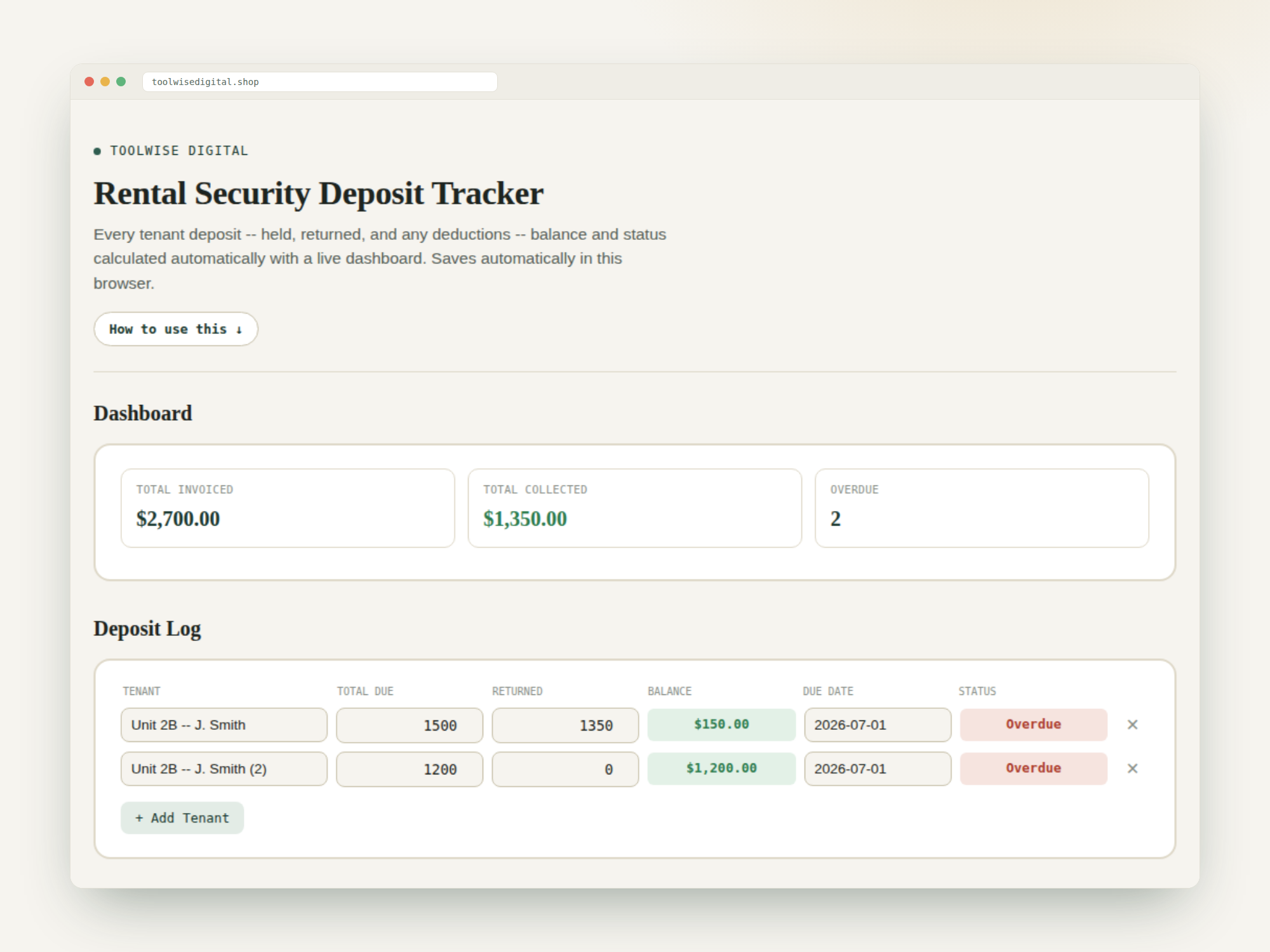 Rental Security Deposit Tracker — Google Sheets & Excel spreadsheet by ToolWise Digital — view 2