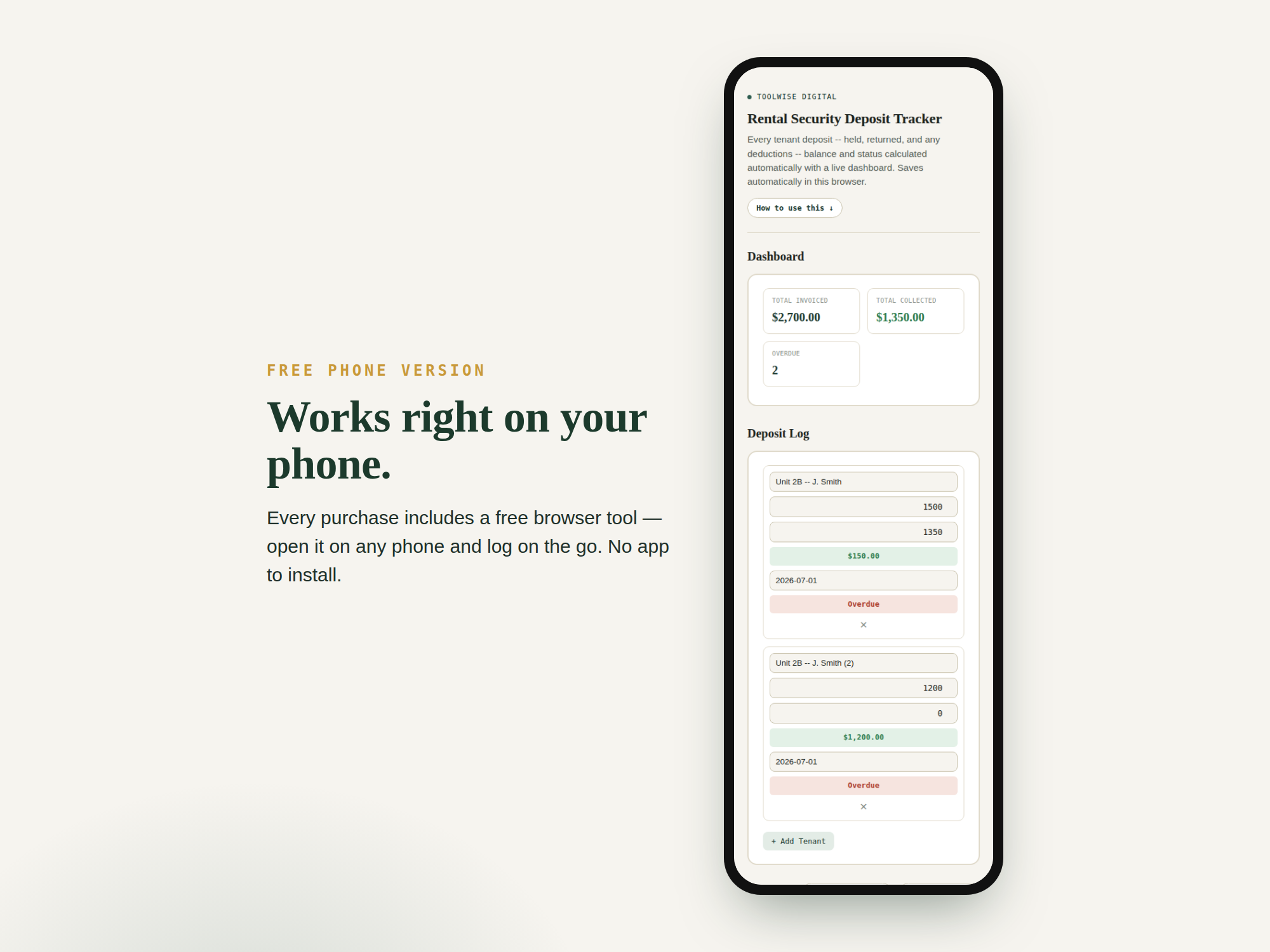 Rental Security Deposit Tracker — Google Sheets & Excel spreadsheet by ToolWise Digital — view 3