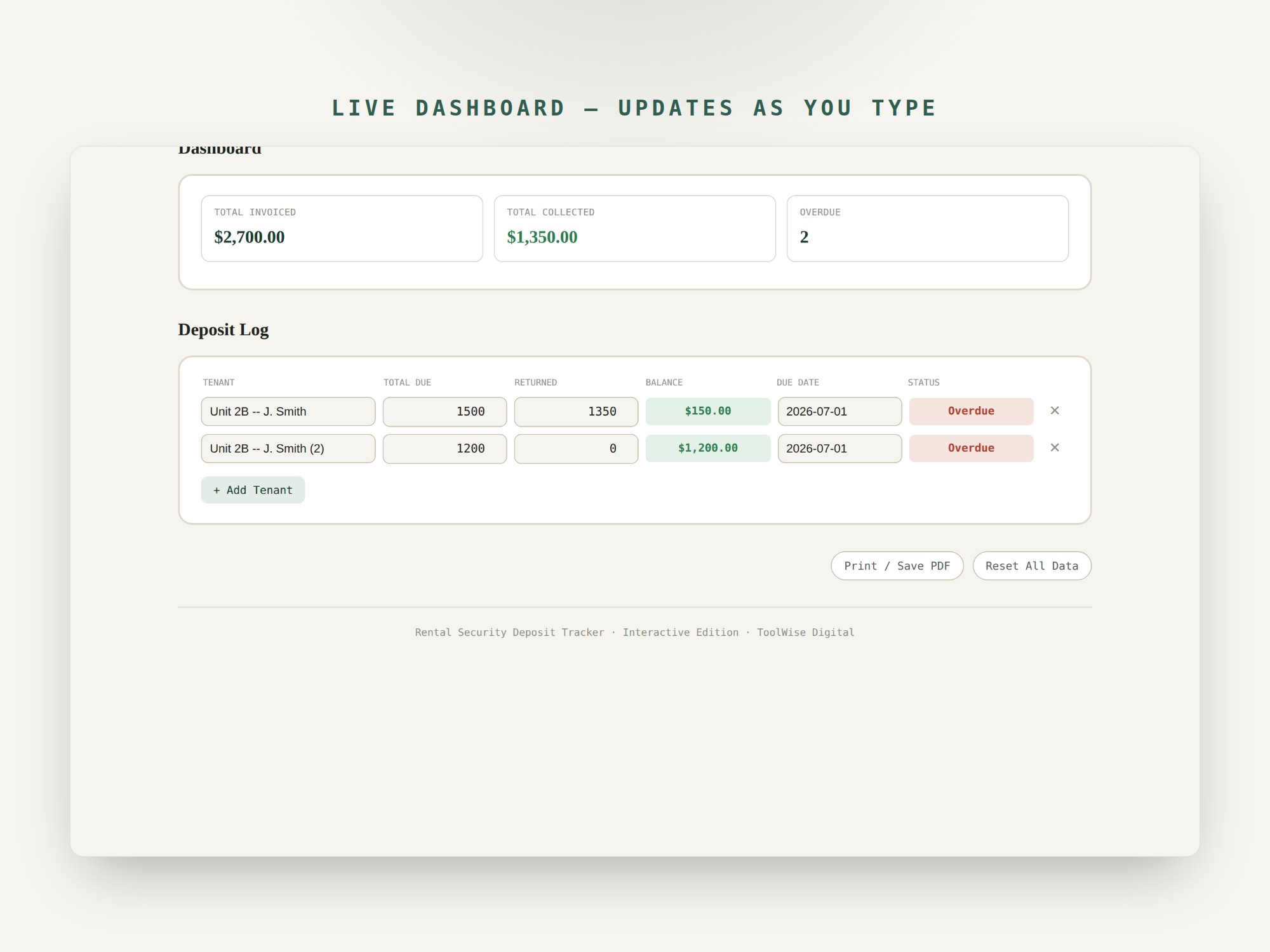 Rental Security Deposit Tracker — Google Sheets & Excel spreadsheet by ToolWise Digital — view 7