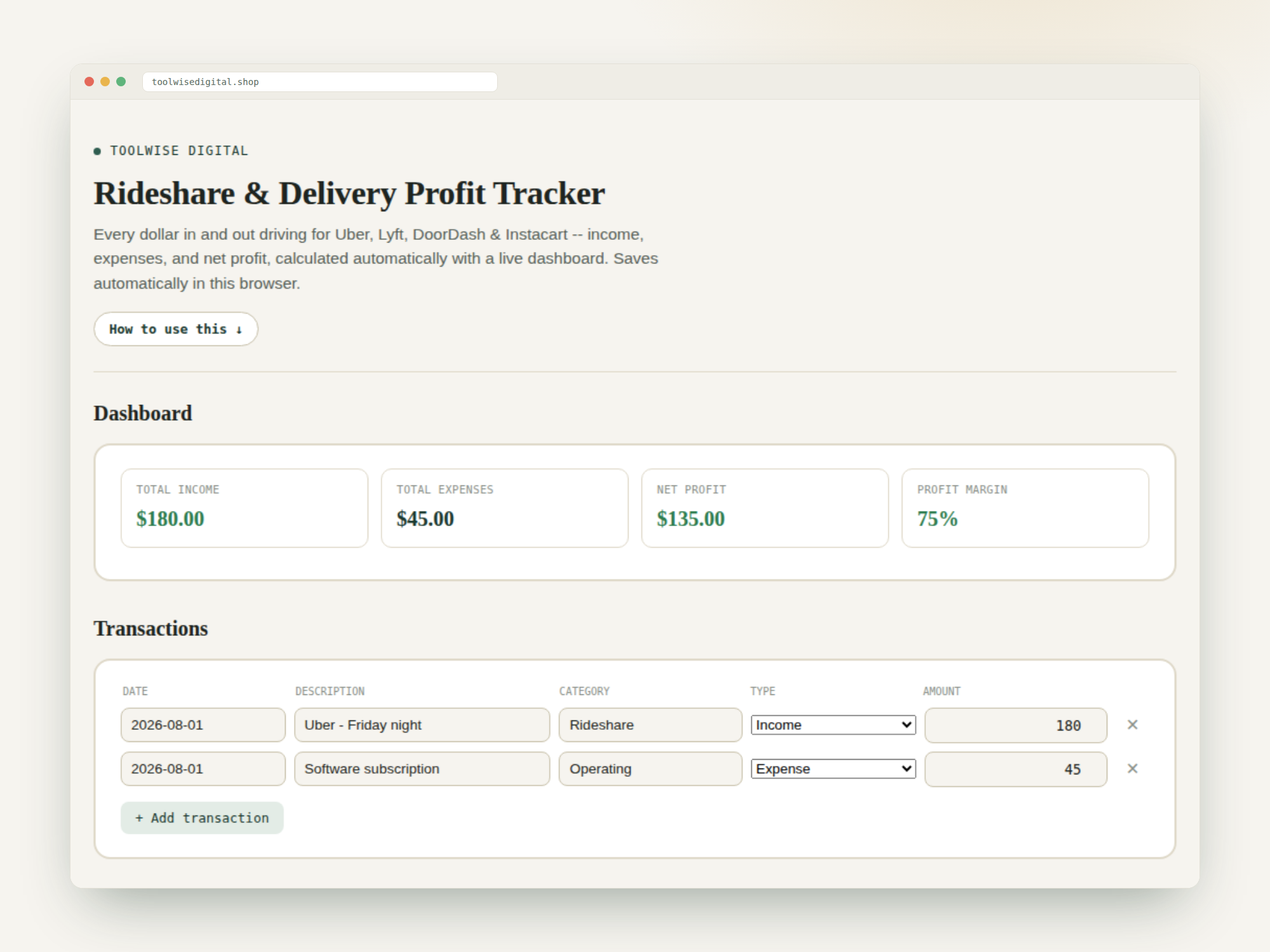 Rideshare & Delivery Profit Tracker — Google Sheets & Excel spreadsheet by ToolWise Digital — view 2