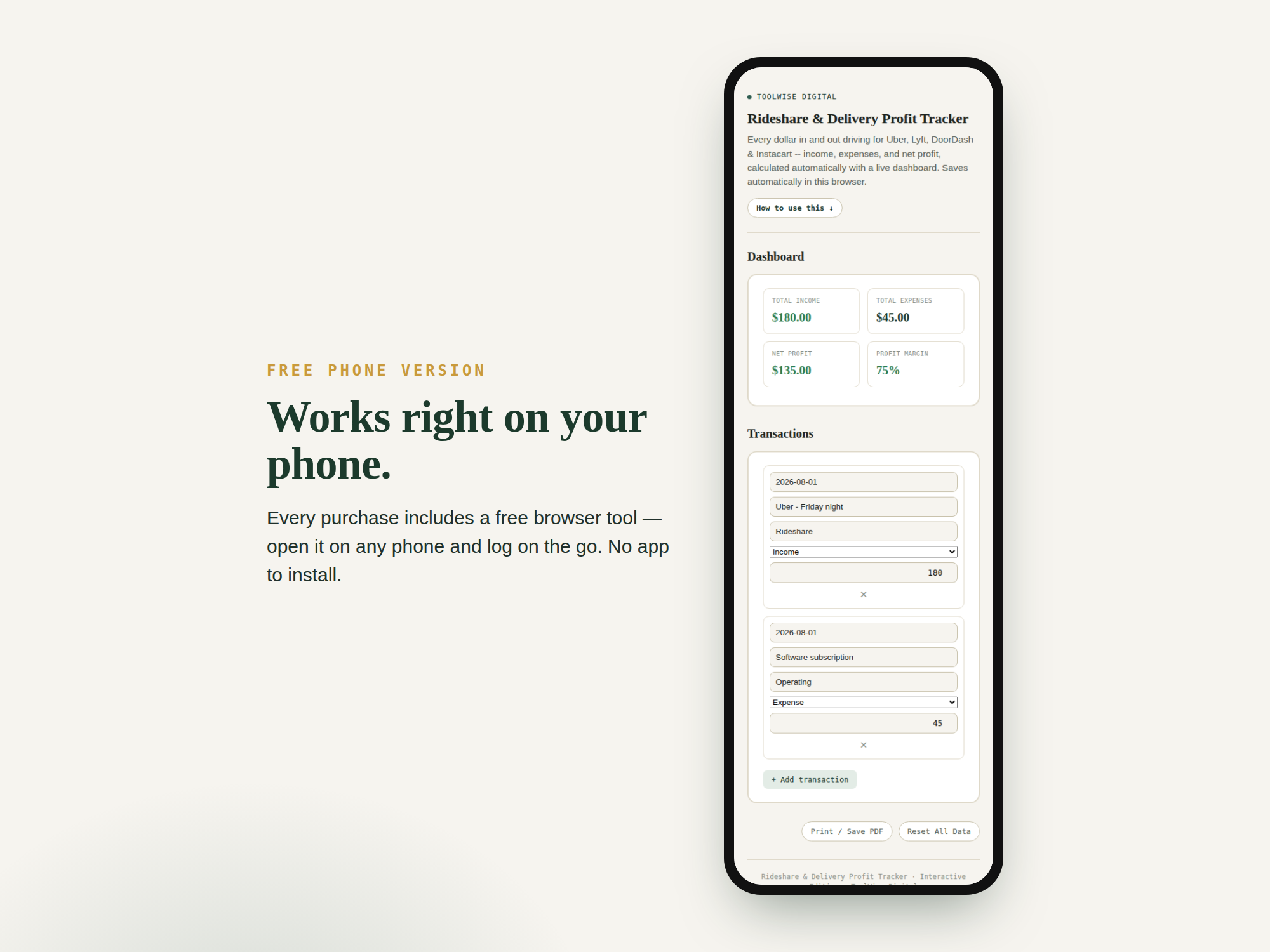Rideshare & Delivery Profit Tracker — Google Sheets & Excel spreadsheet by ToolWise Digital — view 3