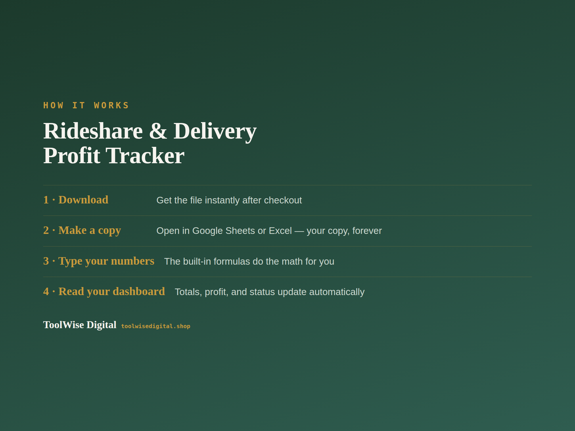 Rideshare & Delivery Profit Tracker — Google Sheets & Excel spreadsheet by ToolWise Digital — view 5