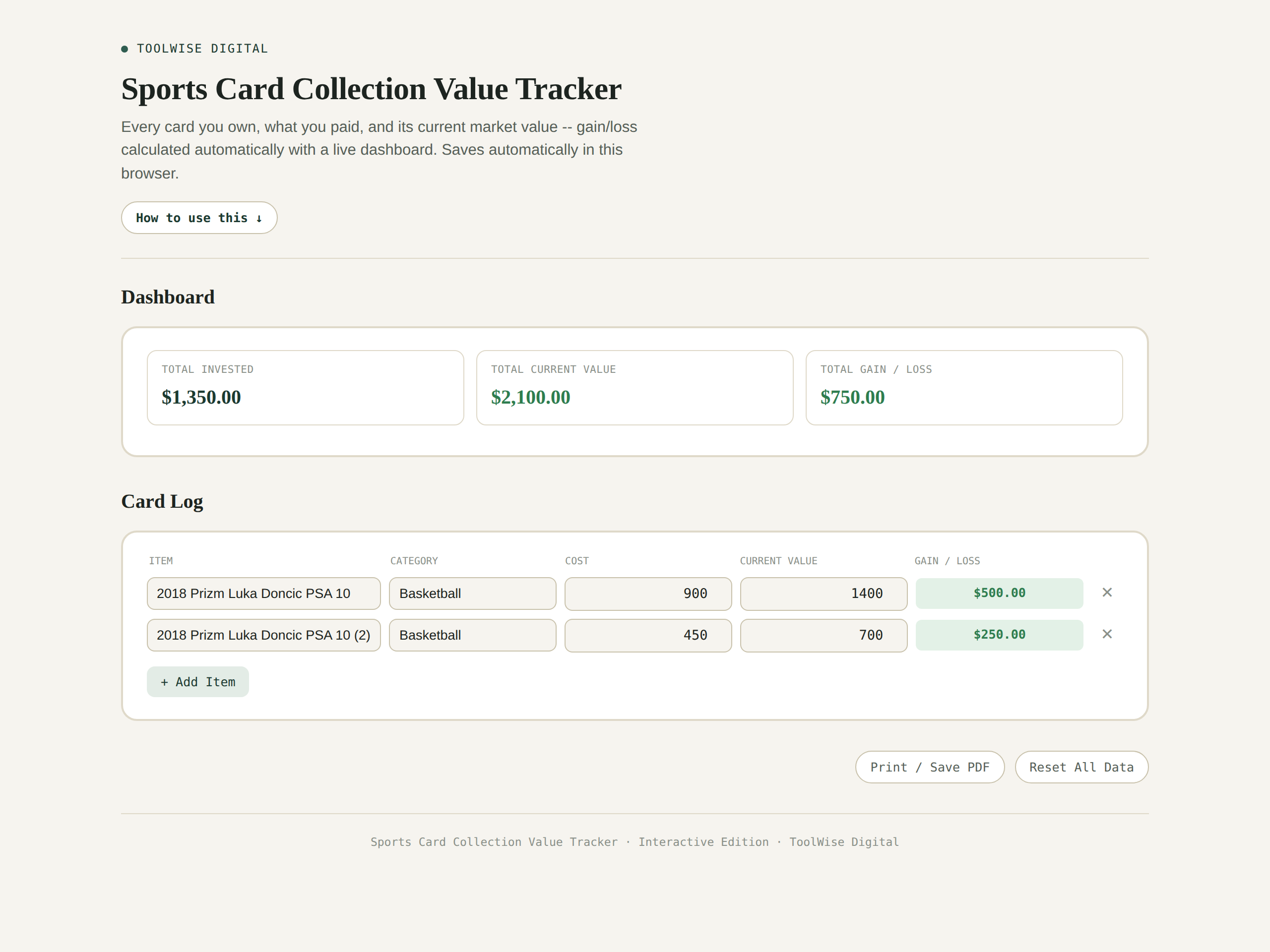 Sports Card Collection Value Tracker — Google Sheets & Excel spreadsheet by ToolWise Digital