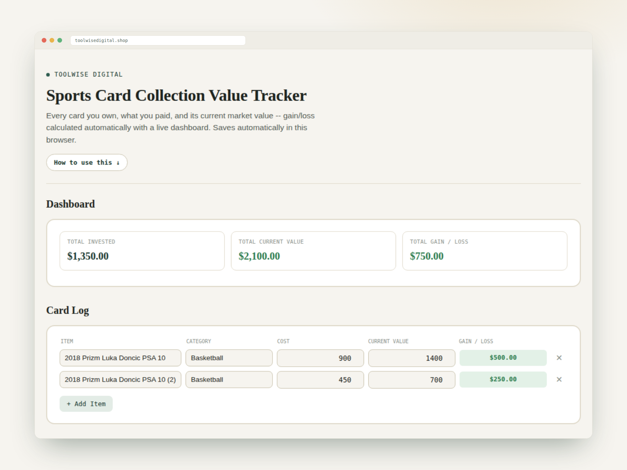 Sports Card Collection Value Tracker — Google Sheets & Excel spreadsheet by ToolWise Digital — view 2