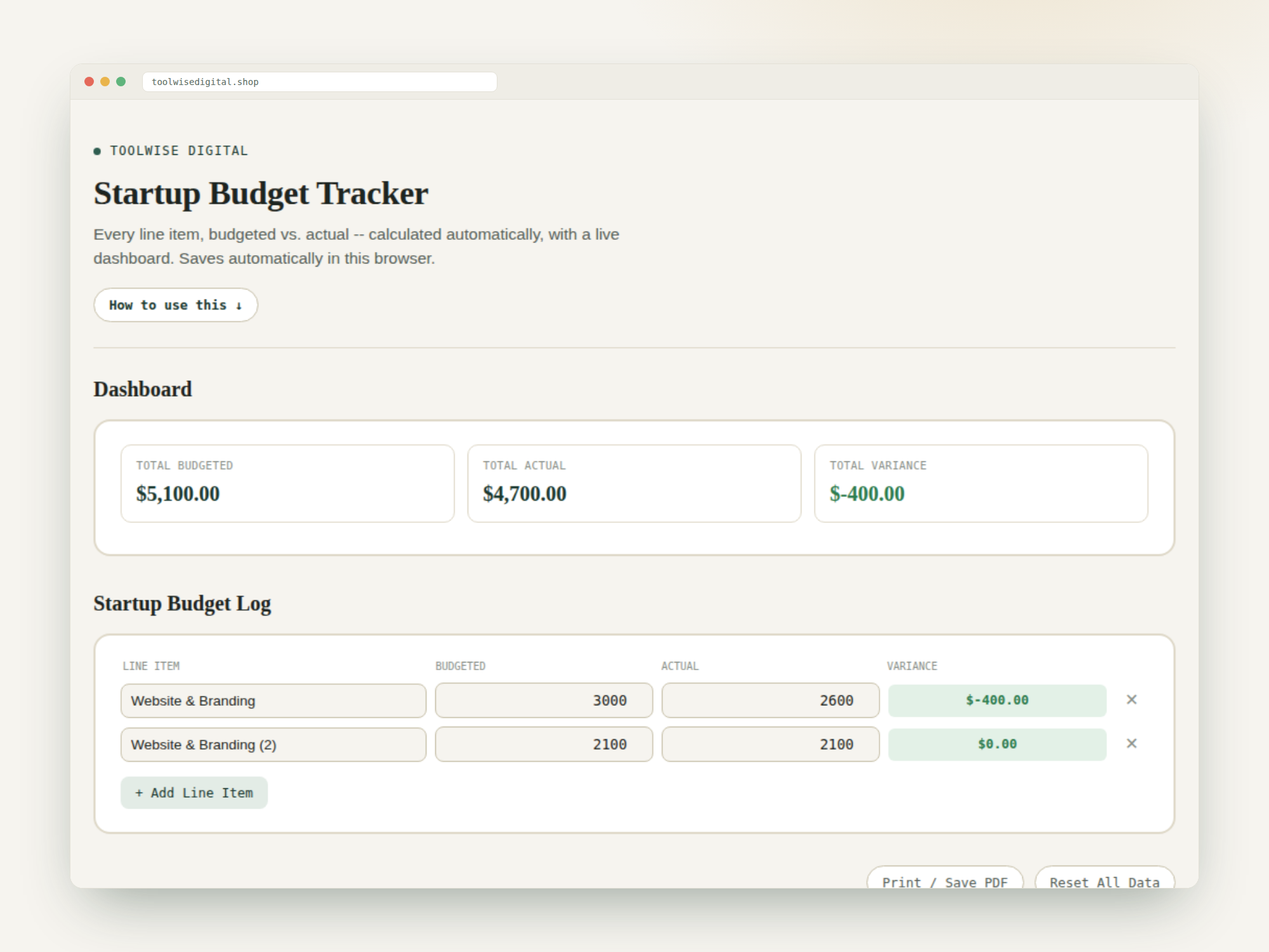 Startup Budget Tracker — Google Sheets & Excel spreadsheet by ToolWise Digital — view 2