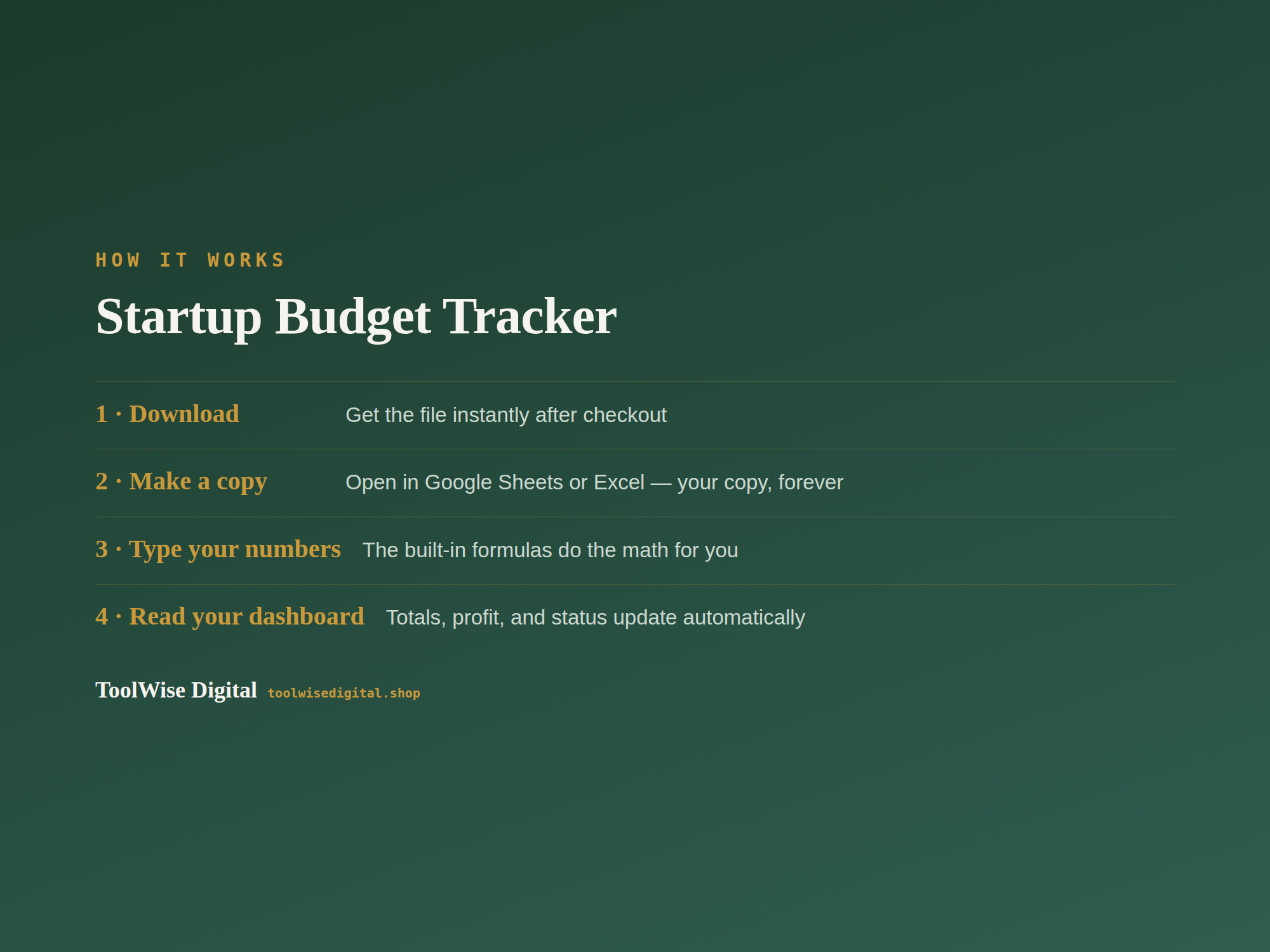Startup Budget Tracker — Google Sheets & Excel spreadsheet by ToolWise Digital — view 5