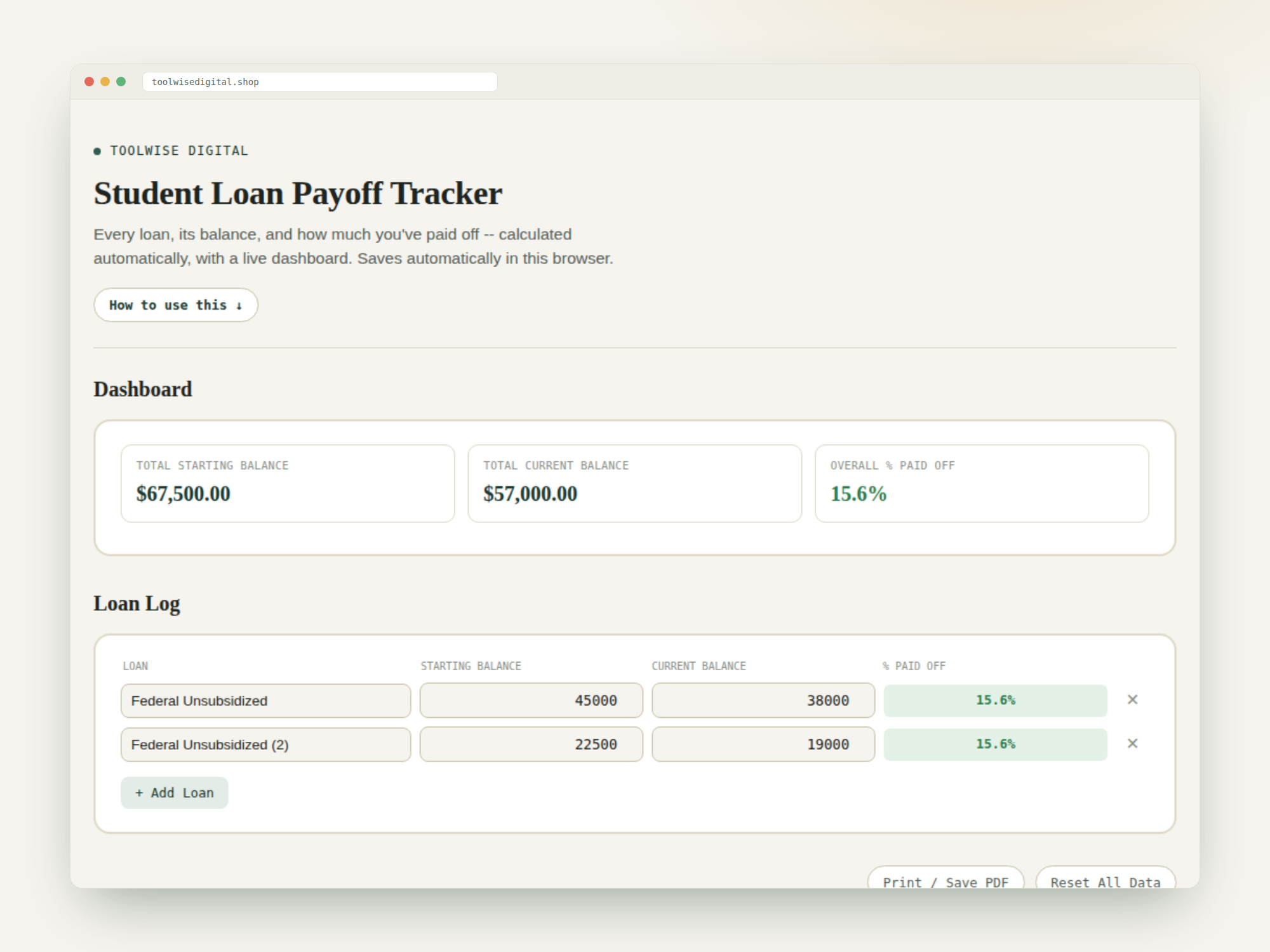 Student Loan Payoff Tracker — Google Sheets & Excel spreadsheet by ToolWise Digital — view 2