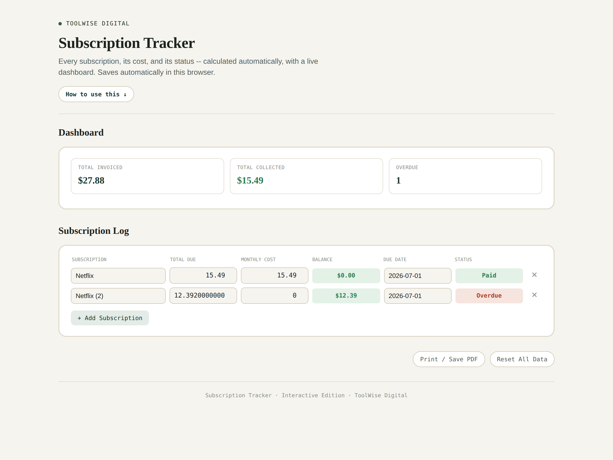 Subscription Tracker — Google Sheets & Excel spreadsheet by ToolWise Digital