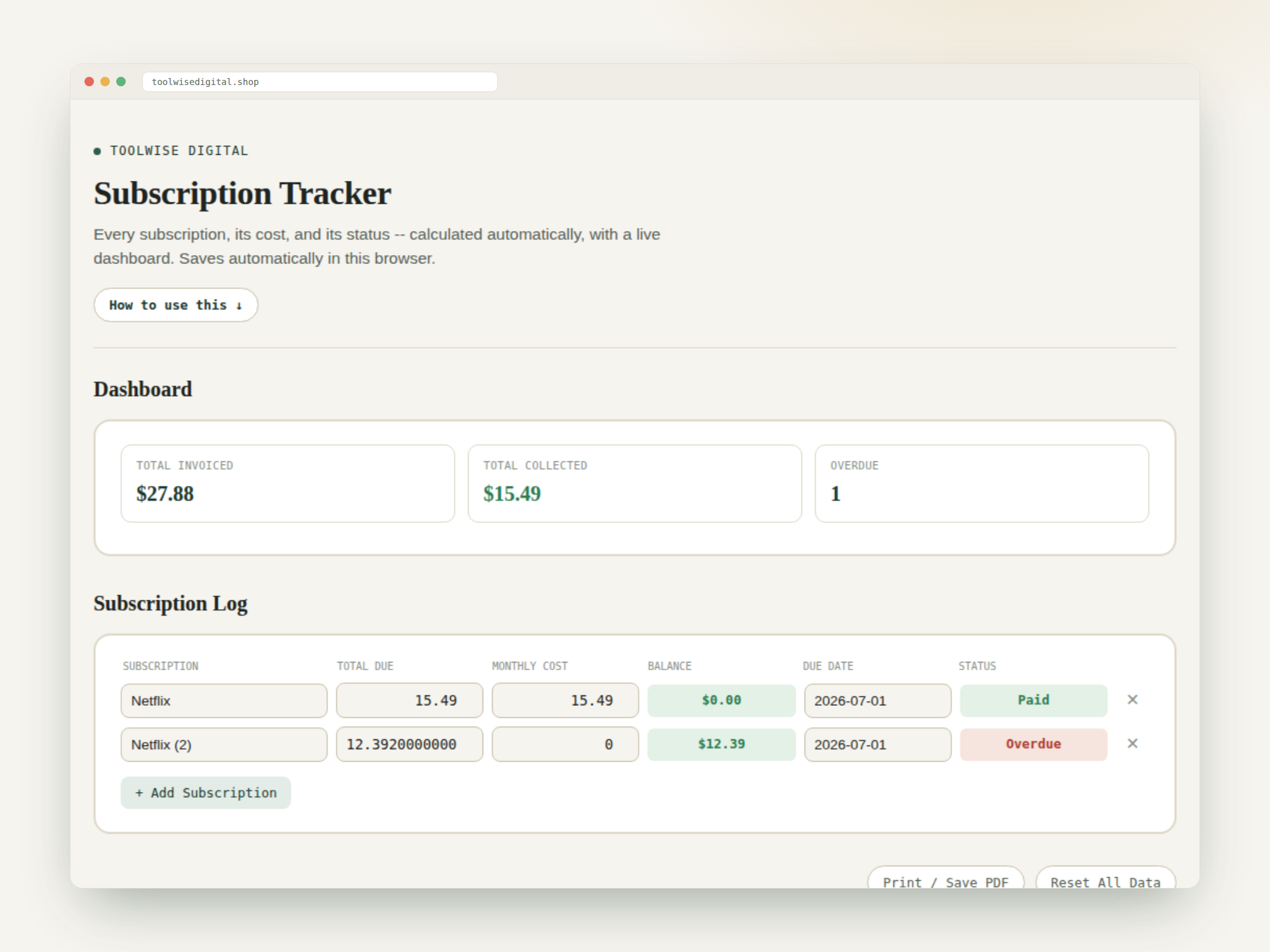 Subscription Tracker — Google Sheets & Excel spreadsheet by ToolWise Digital — view 2