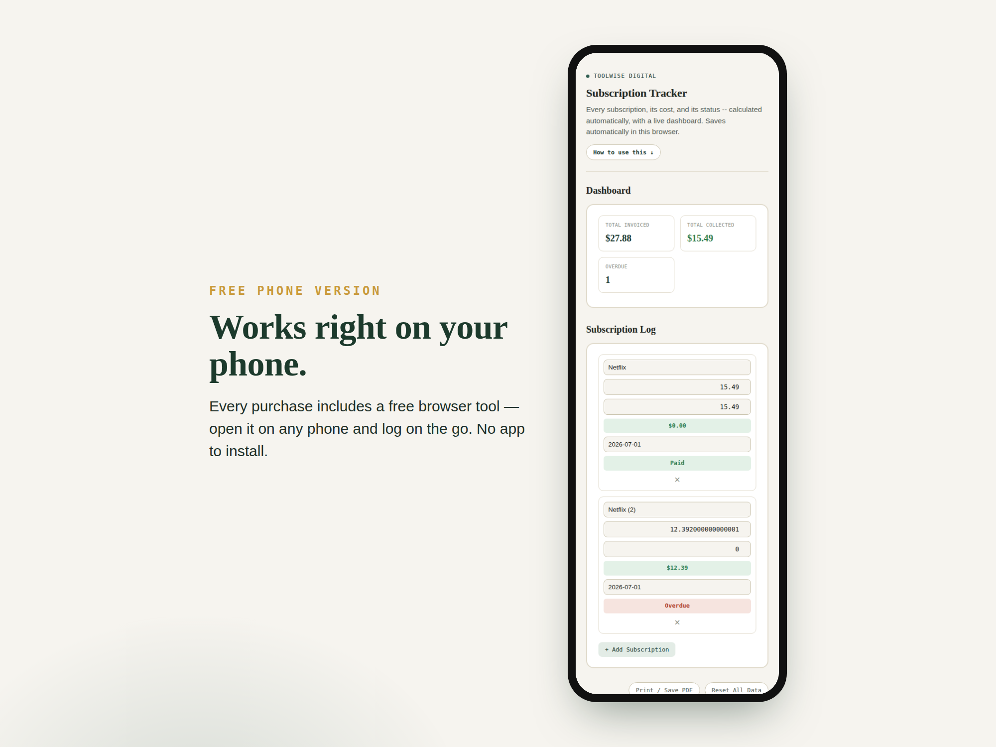 Subscription Tracker — Google Sheets & Excel spreadsheet by ToolWise Digital — view 3