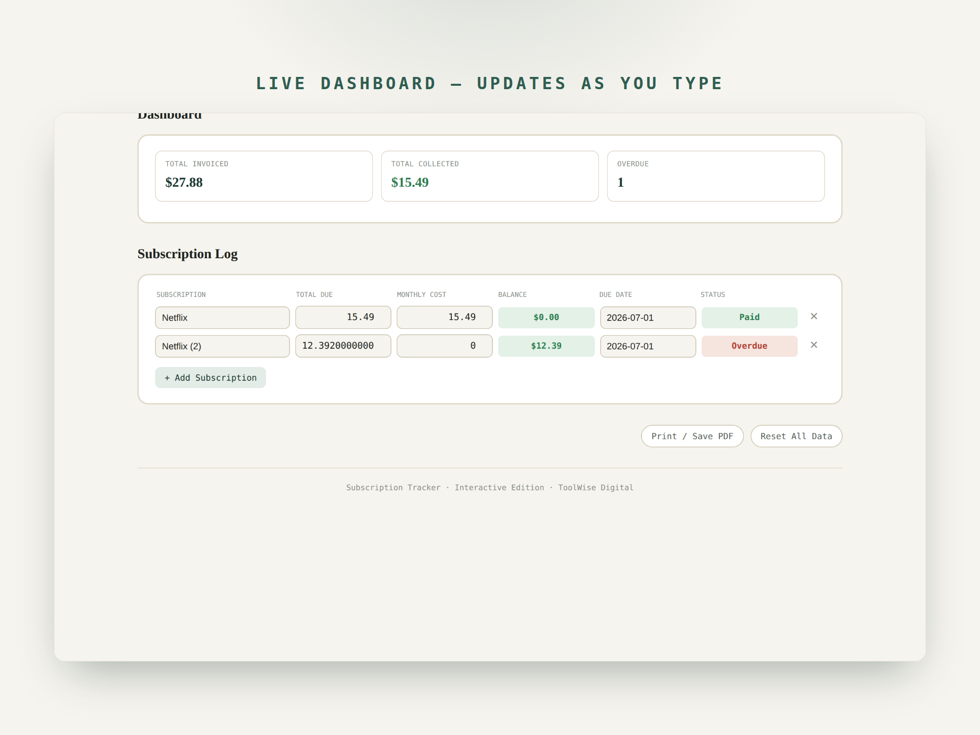 Subscription Tracker — Google Sheets & Excel spreadsheet by ToolWise Digital — view 7