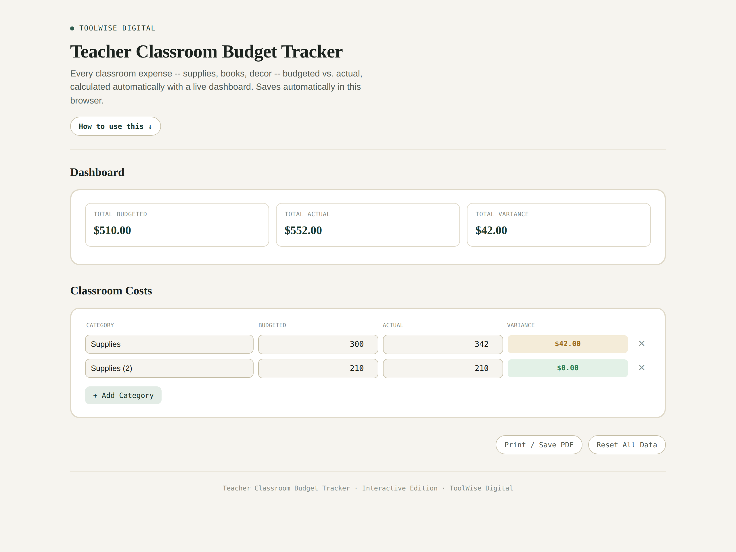 Teacher Classroom Budget Tracker
