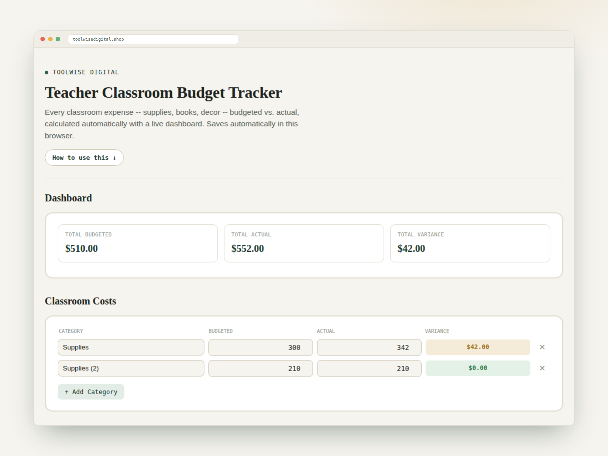 Teacher Classroom Budget Tracker — Google Sheets & Excel spreadsheet by ToolWise Digital — view 2