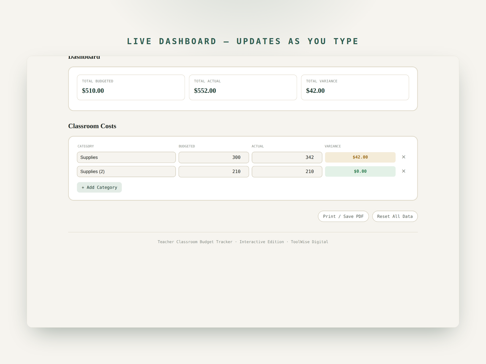 Teacher Classroom Budget Tracker — Google Sheets & Excel spreadsheet by ToolWise Digital — view 7