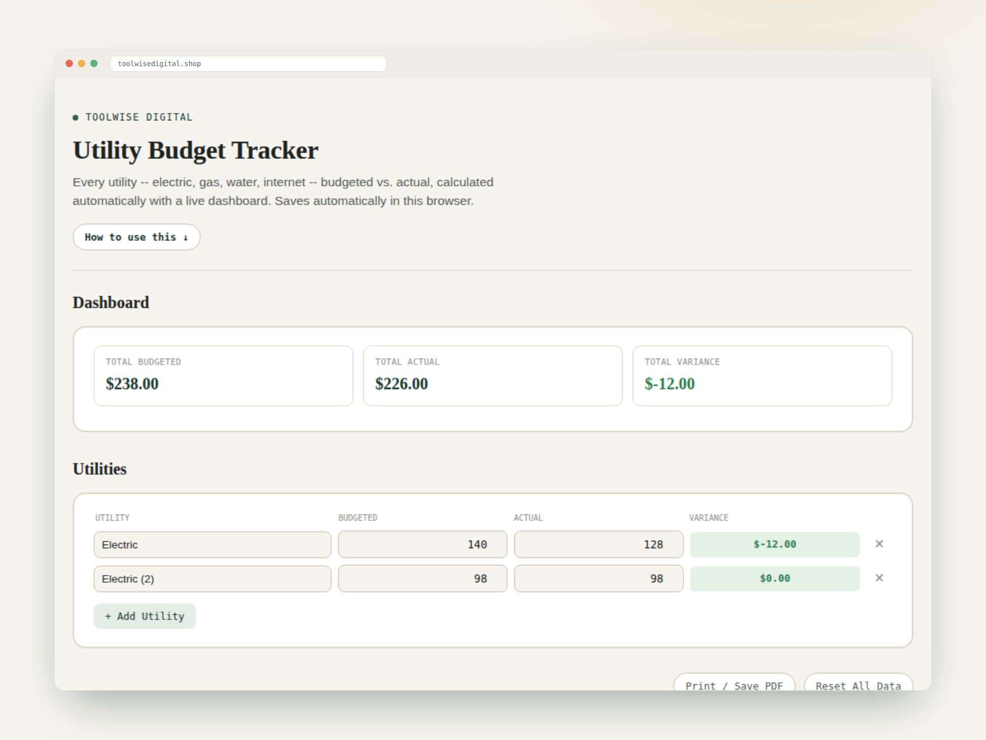 Utility Budget Tracker — Google Sheets & Excel spreadsheet by ToolWise Digital — view 2