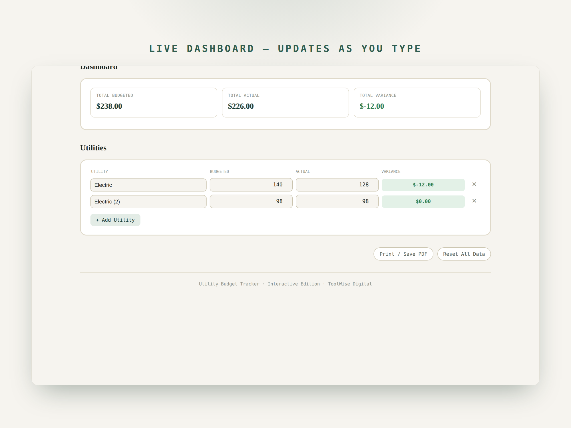 Utility Budget Tracker — Google Sheets & Excel spreadsheet by ToolWise Digital — view 7