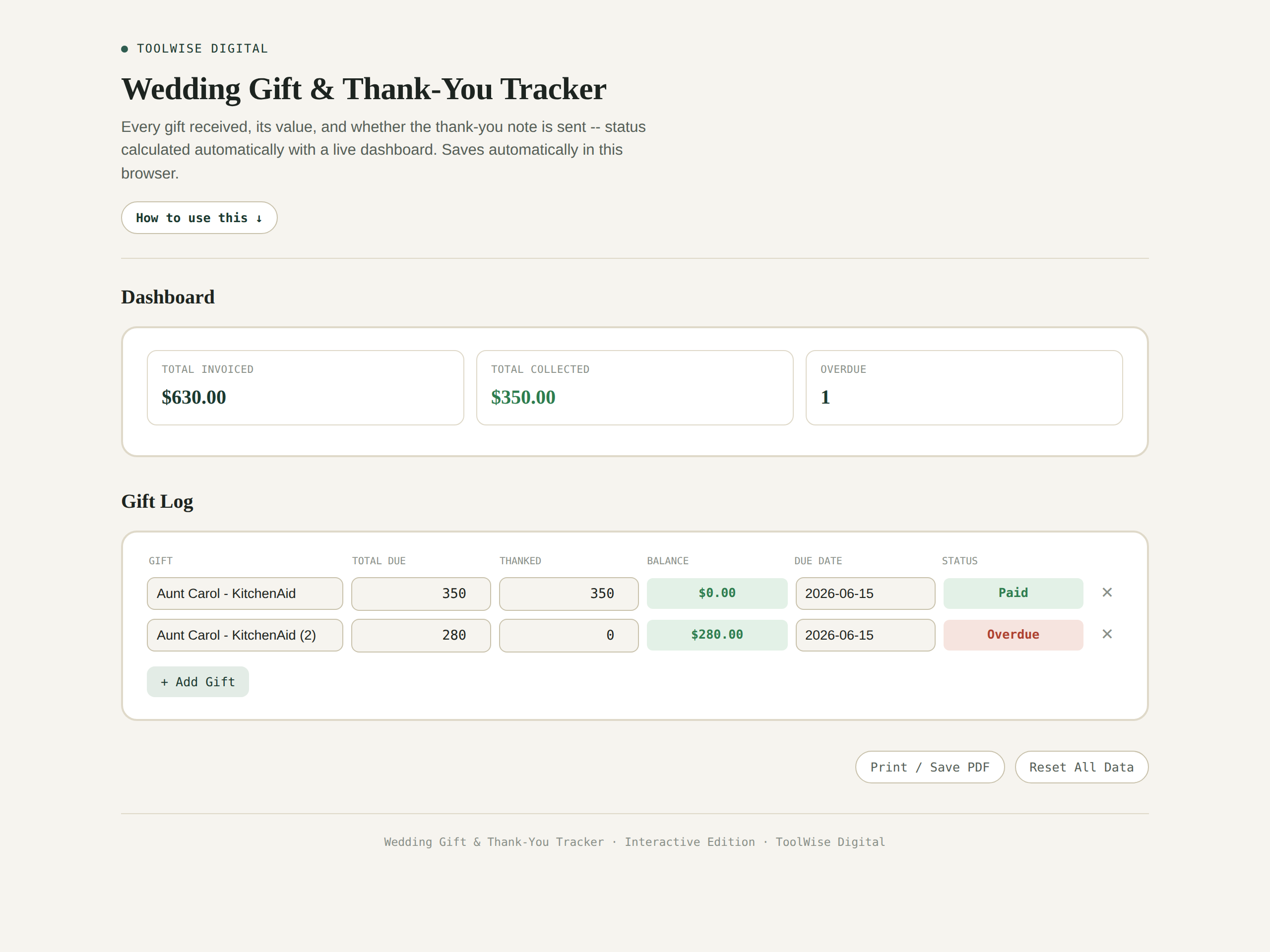 Wedding Gift & Thank-You Tracker