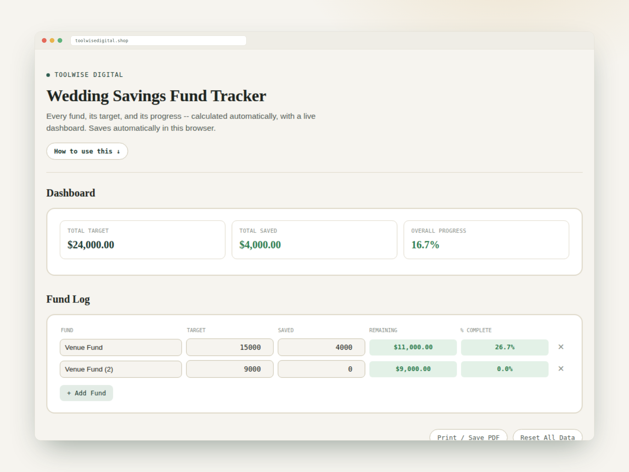 Wedding Savings Fund Tracker — Google Sheets & Excel spreadsheet by ToolWise Digital — view 2